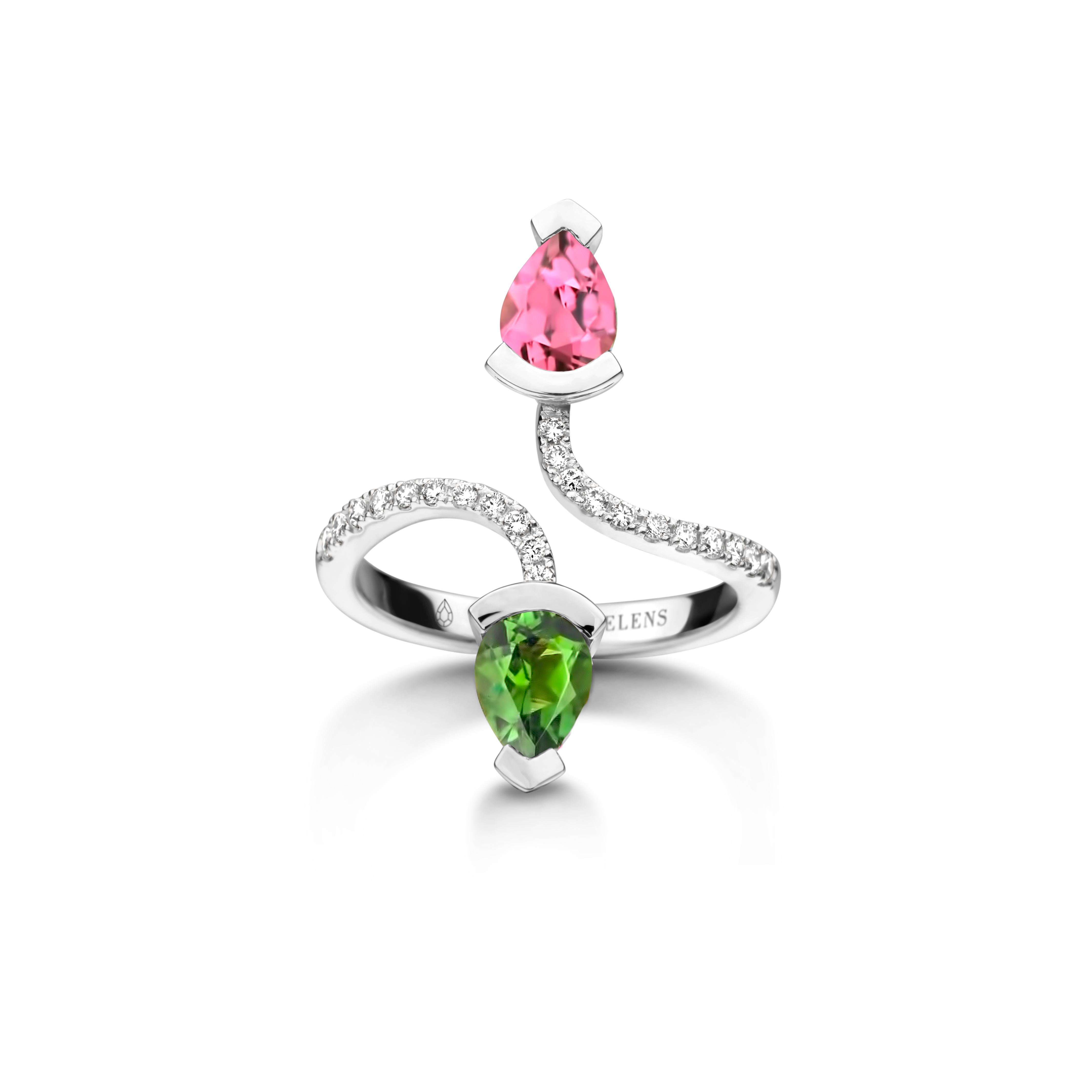 Contemporary Pink Tourmaline And Green Tourmaline Yellow Gold Diamond Cocktail Ring For Sale