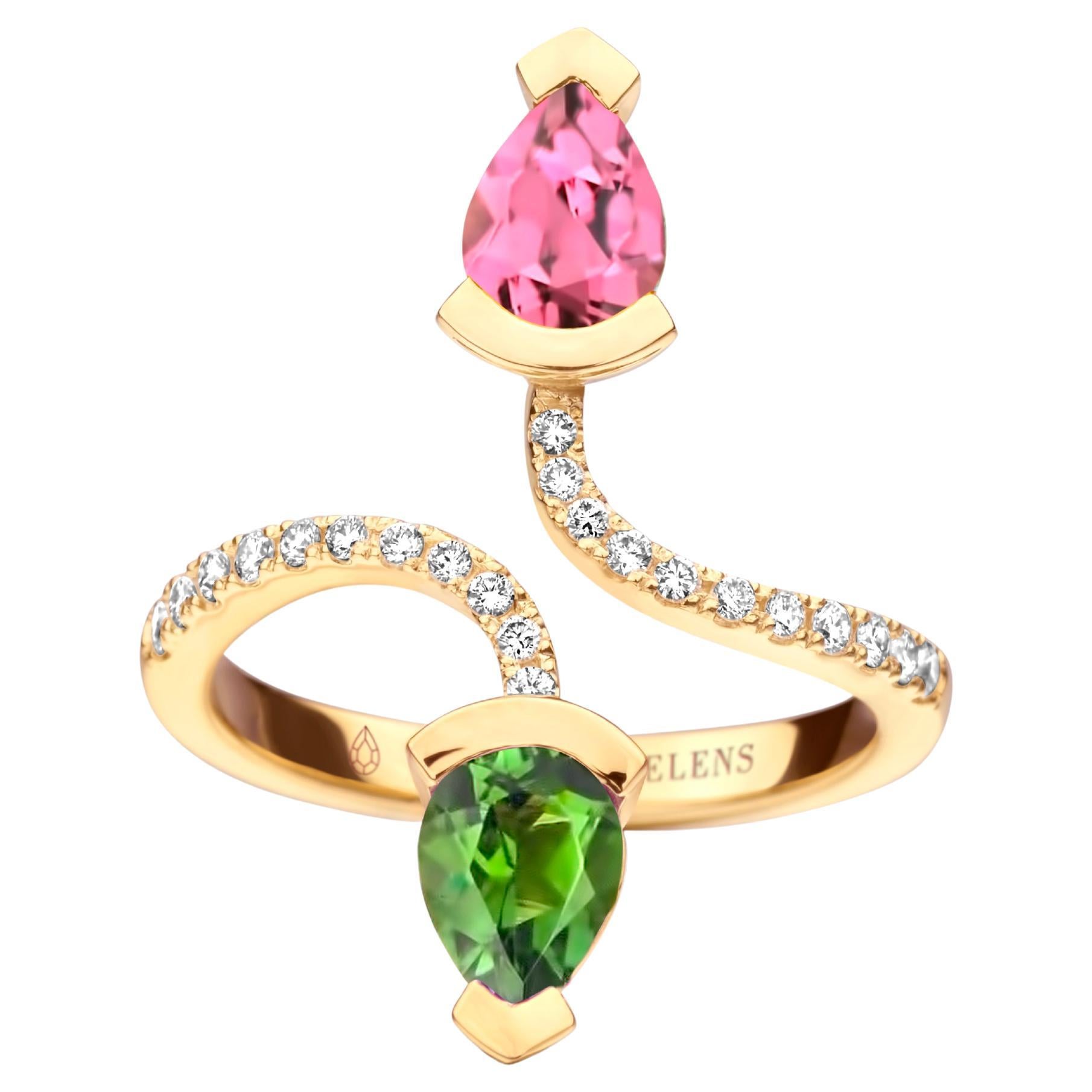 Pink Tourmaline And Green Tourmaline Yellow Gold Diamond Cocktail Ring For Sale