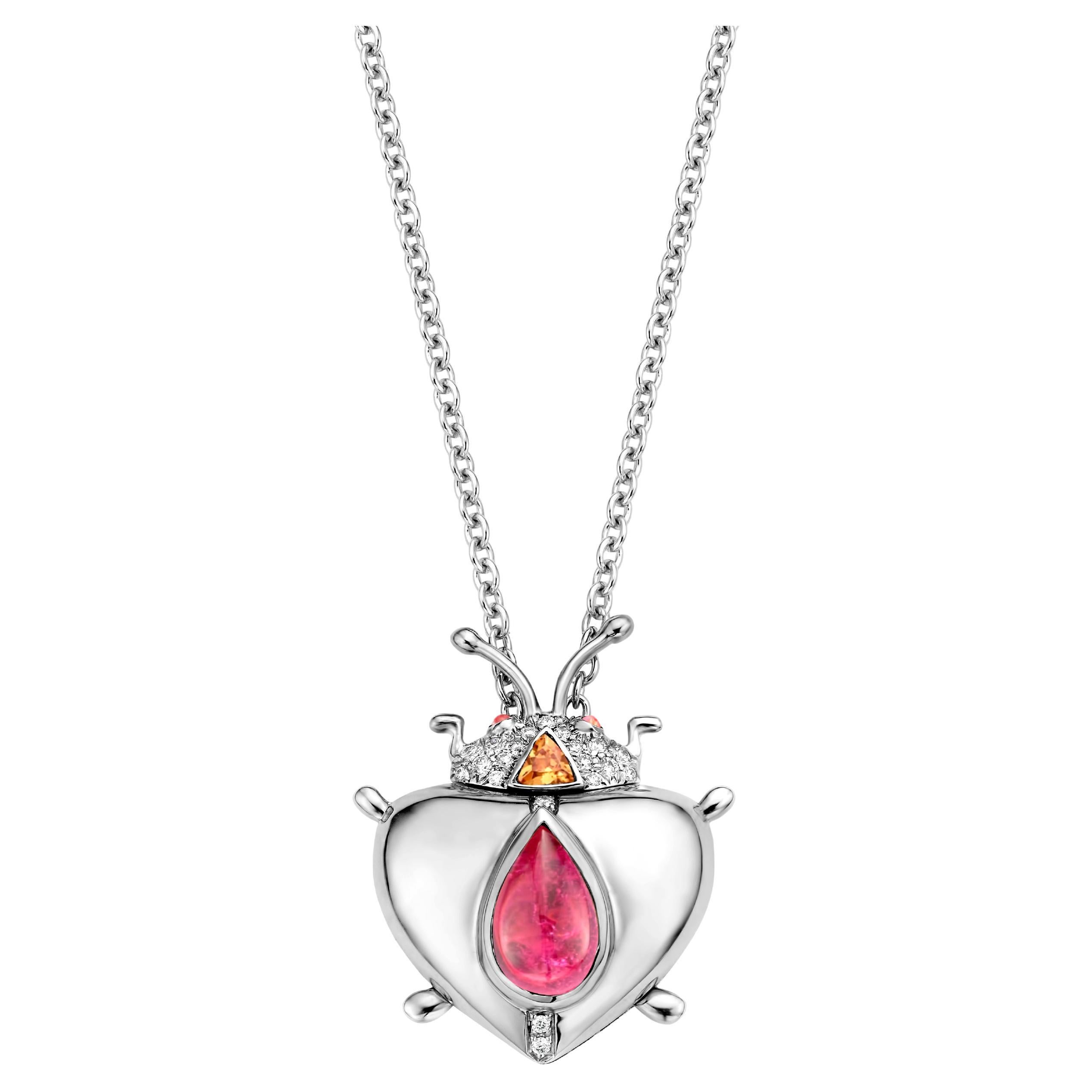 Pink Tourmaline And Mandarin Garnet White Gold Diamond Pendant Necklace For Sale