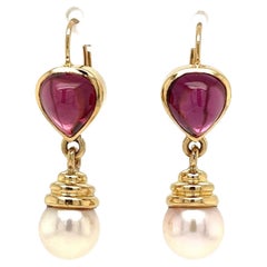 Pink Tourmaline and Pearl Gold Drop Earrings