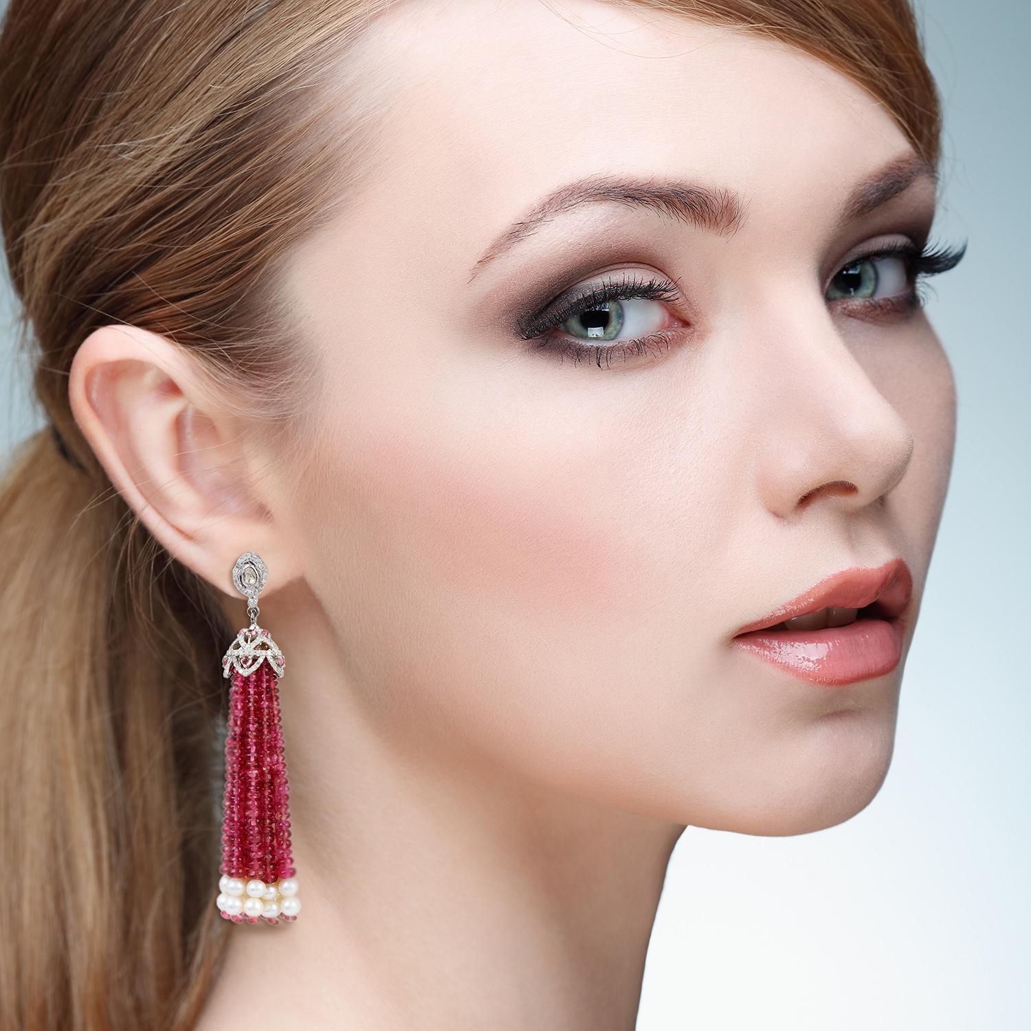 Artisan Pink Tourmaline and Pearl Tassel Earring in Gold and Silver with Diamonds For Sale
