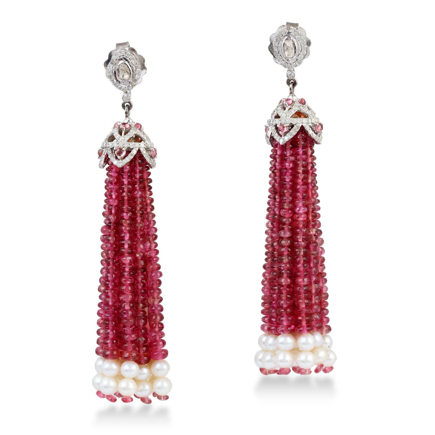 Round Cut Pink Tourmaline and Pearl Tassel Earring in Gold and Silver with Diamonds For Sale