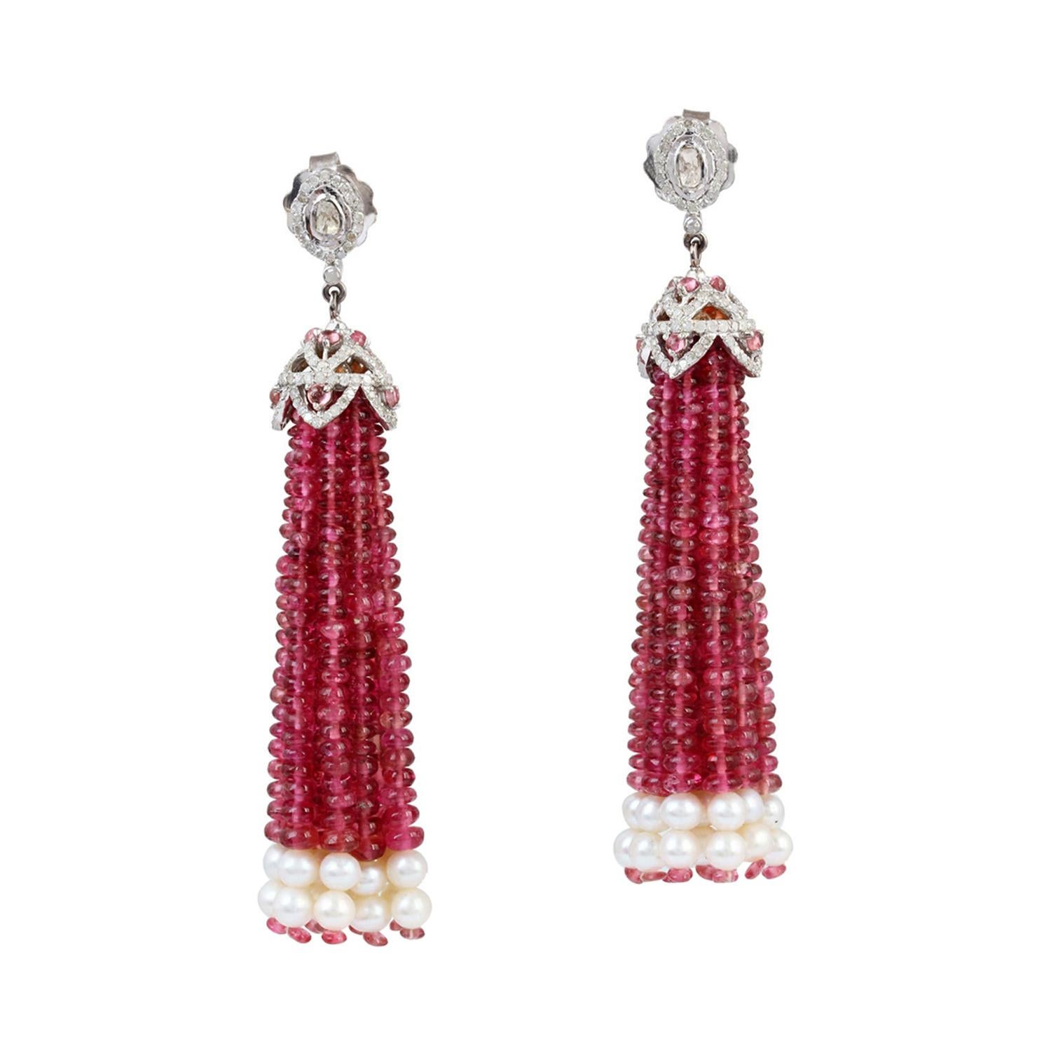 Pink Tourmaline and Pearl Tassel Earring in Gold and Silver with Diamonds For Sale