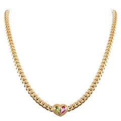 Pink Tourmaline and Peridot Heart Necklace, Signed Bvlgari