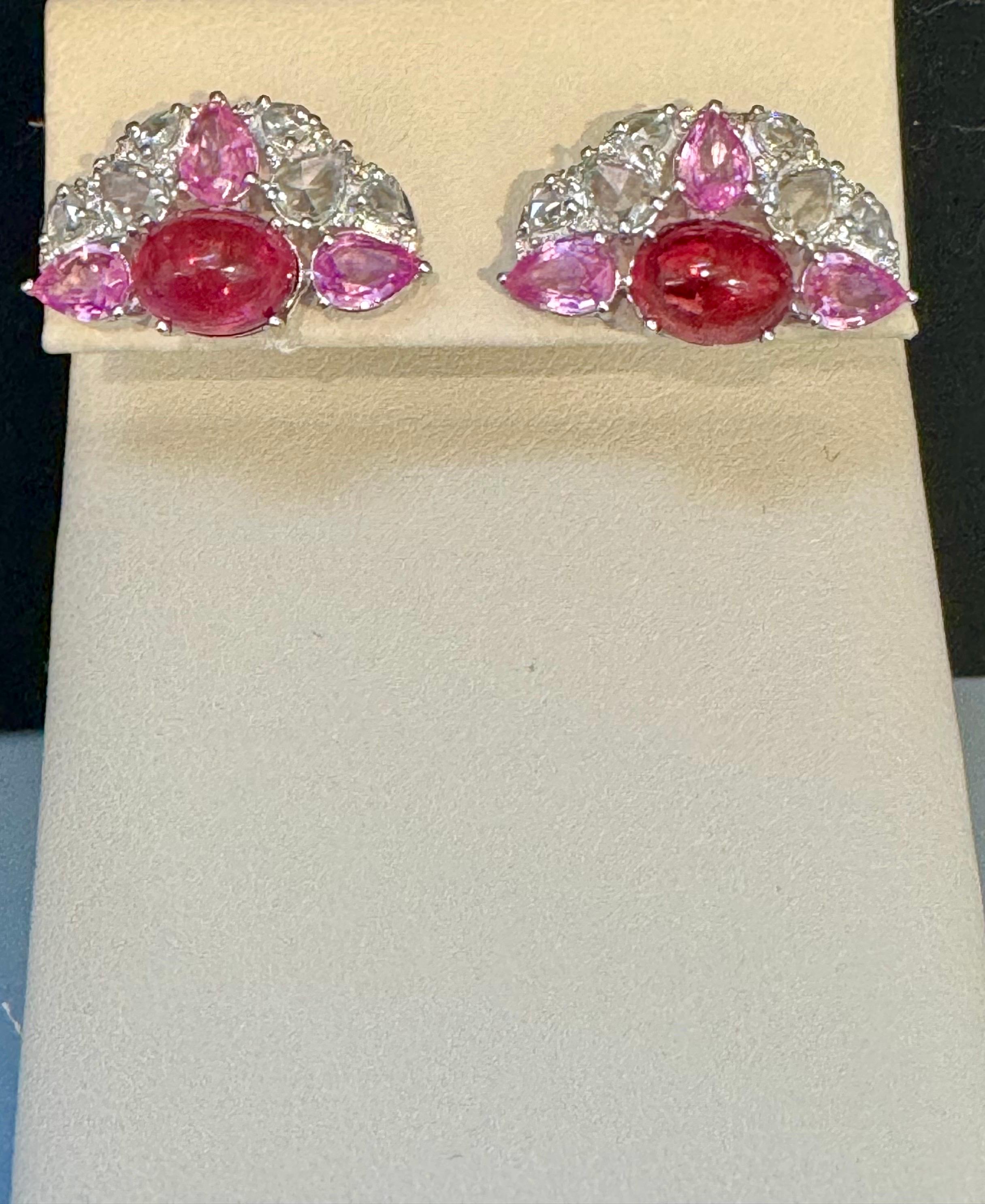 Cabochon Pink Tourmaline and Pink Sapphire Earrings with Rose Cut Diamonds 18 Karat Gold For Sale