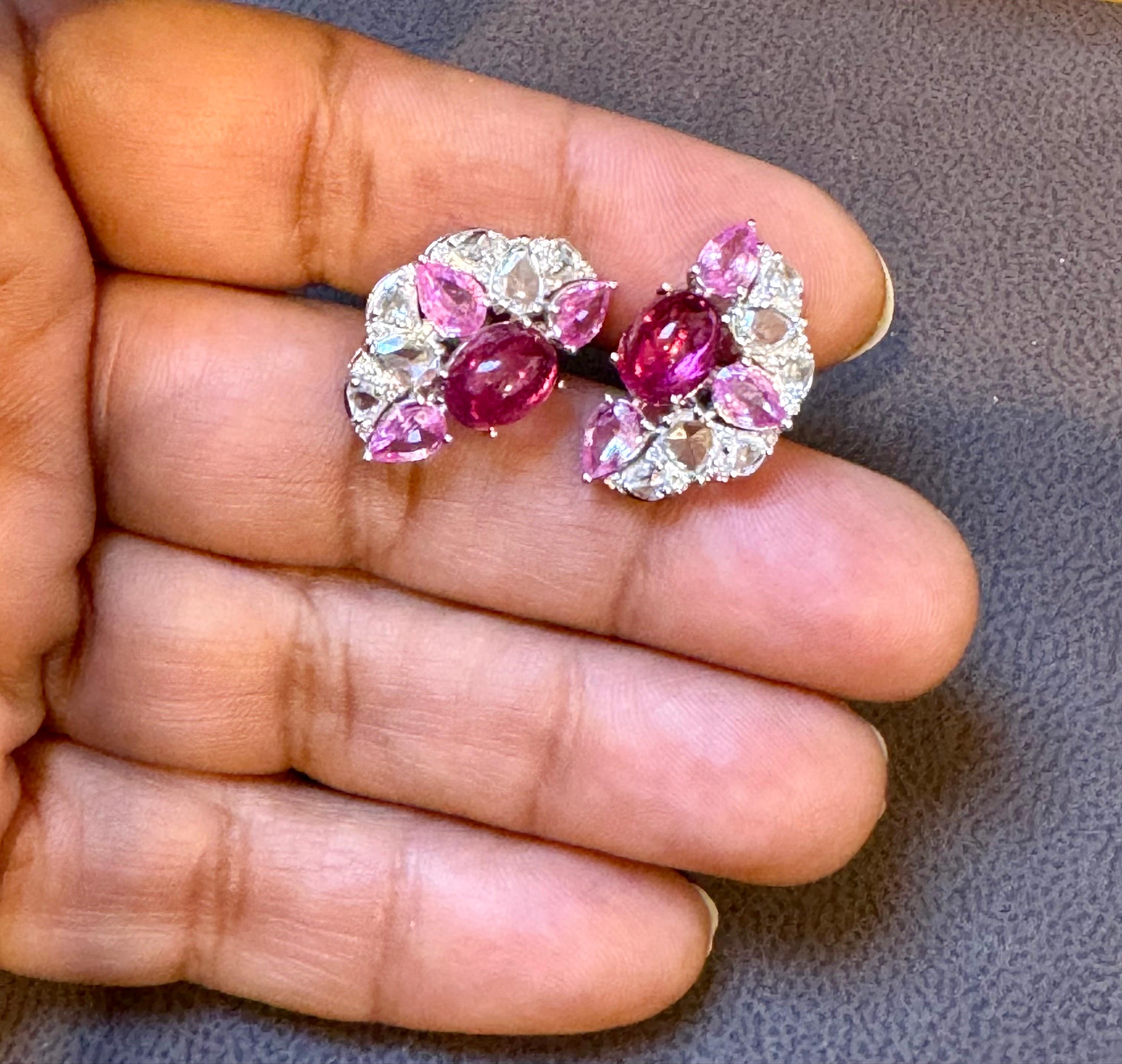 Pink Tourmaline and Pink Sapphire Earrings with Rose Cut Diamonds 18 Karat Gold In Excellent Condition For Sale In New York, NY