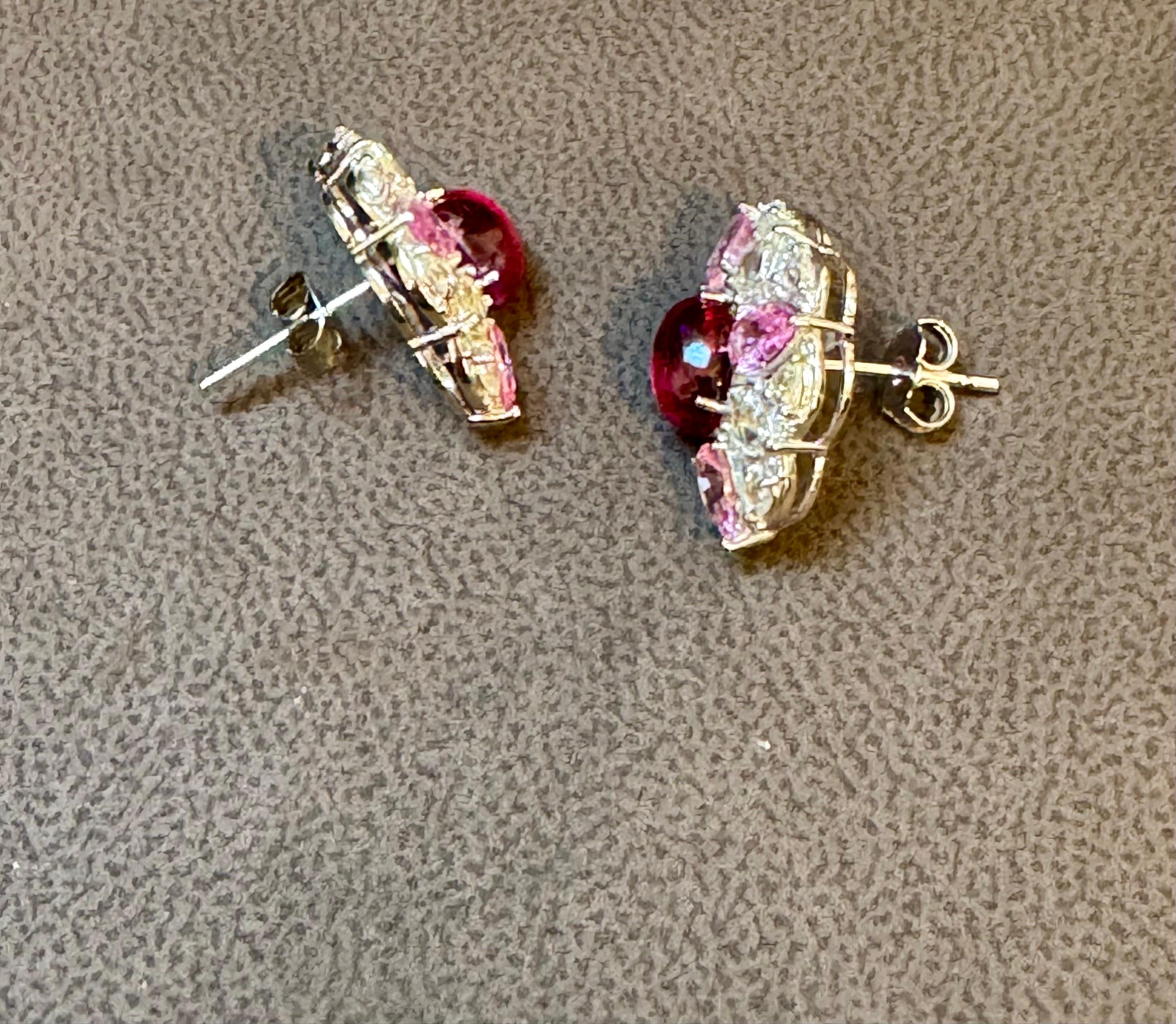 Women's Pink Tourmaline and Pink Sapphire Earrings with Rose Cut Diamonds 18 Karat Gold For Sale