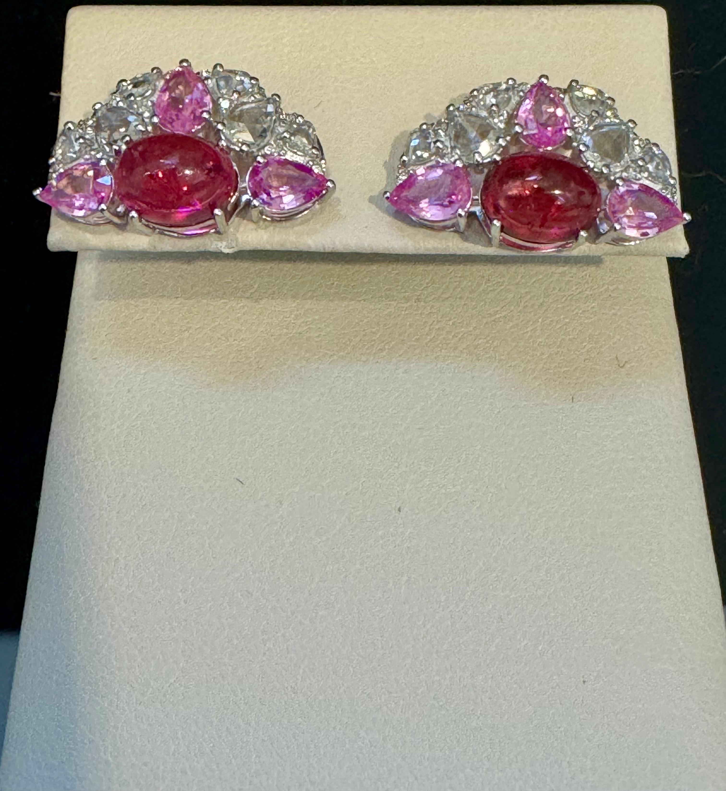 Pink Tourmaline and Pink Sapphire Earrings with Rose Cut Diamonds 18 Karat Gold For Sale 1