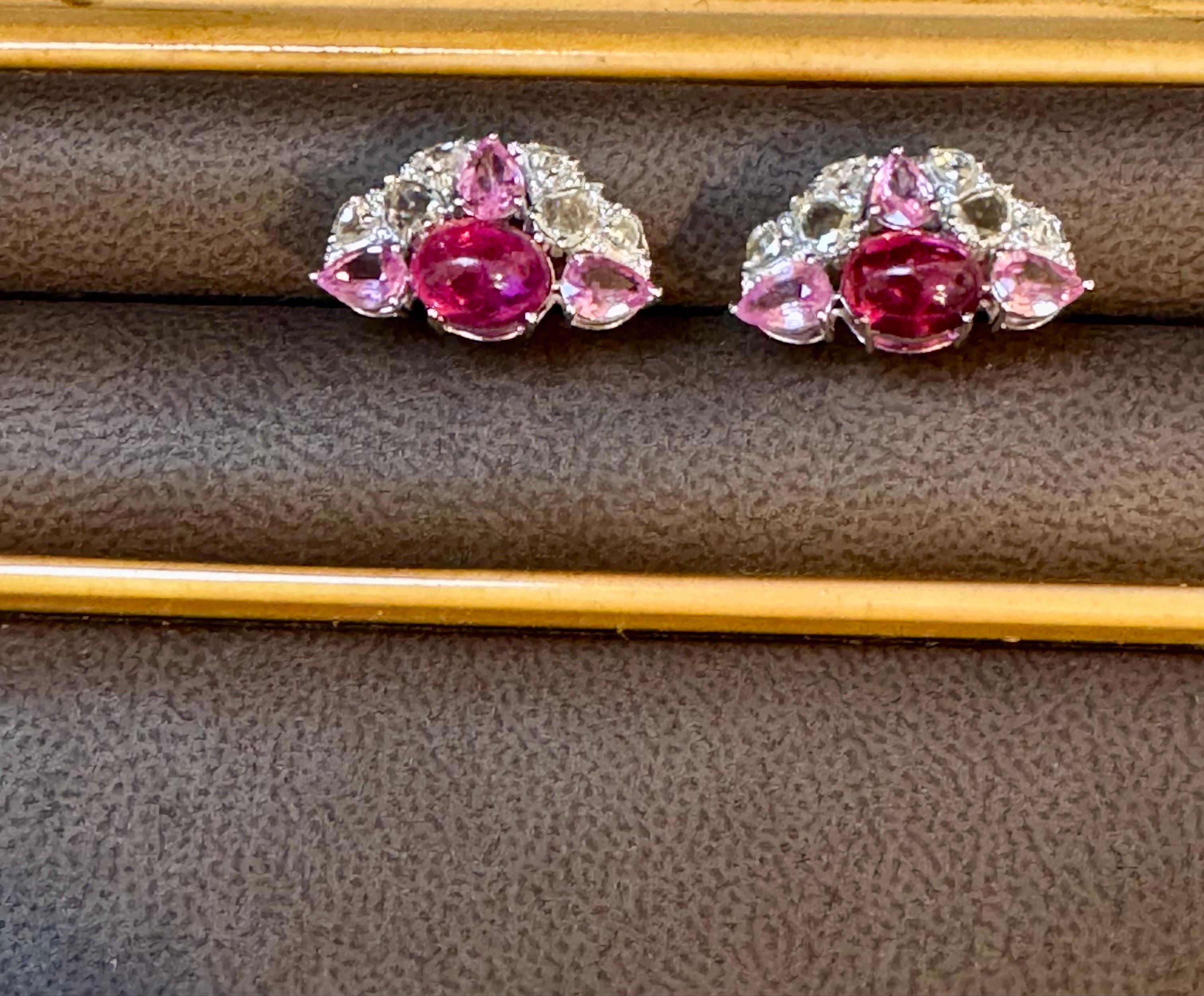 Pink Tourmaline and Pink Sapphire Earrings with Rose Cut Diamonds 18 Karat Gold For Sale 2