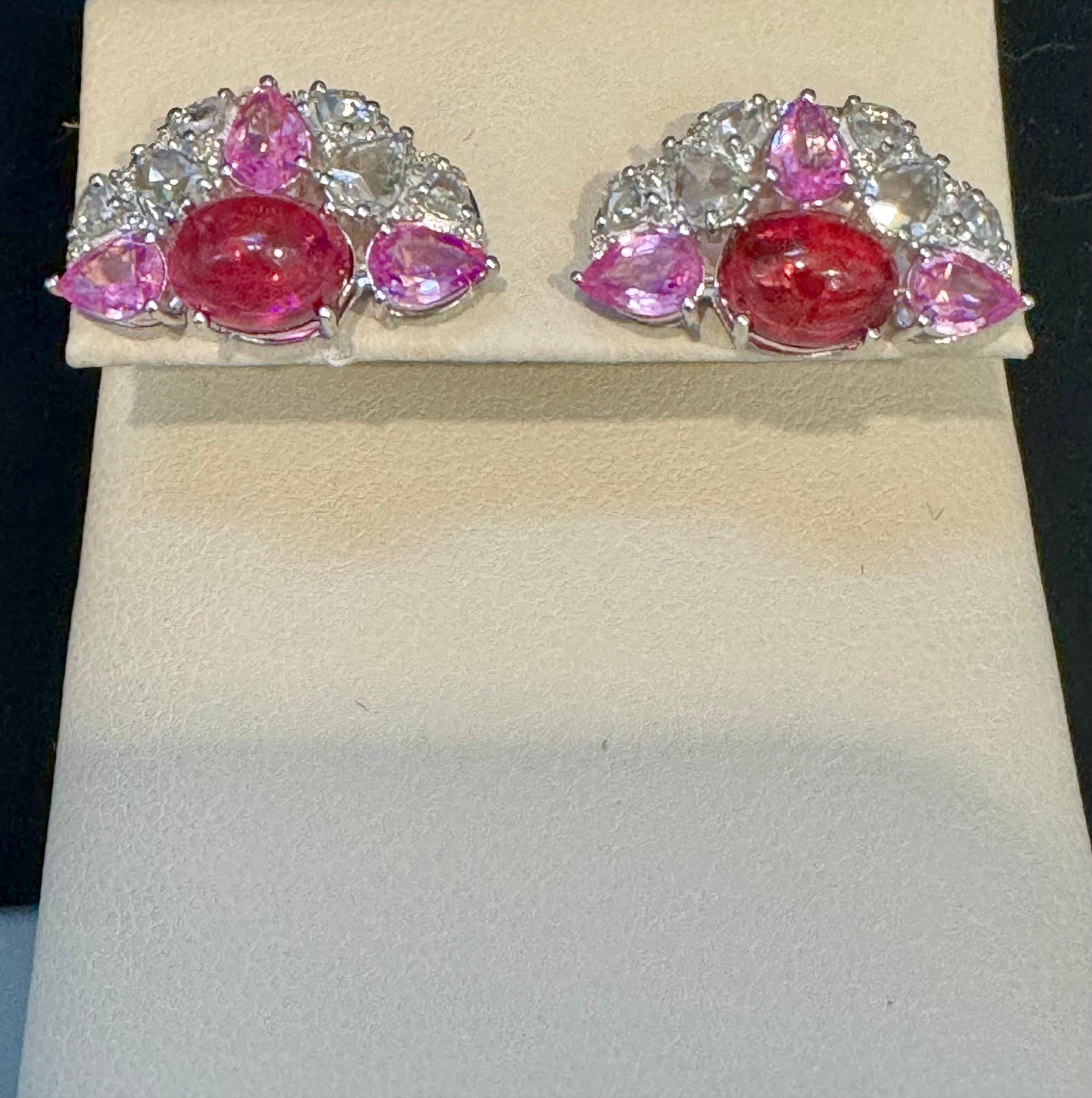 Pink Tourmaline and Pink Sapphire Earrings with Rose Cut Diamonds 18 Karat Gold For Sale 3
