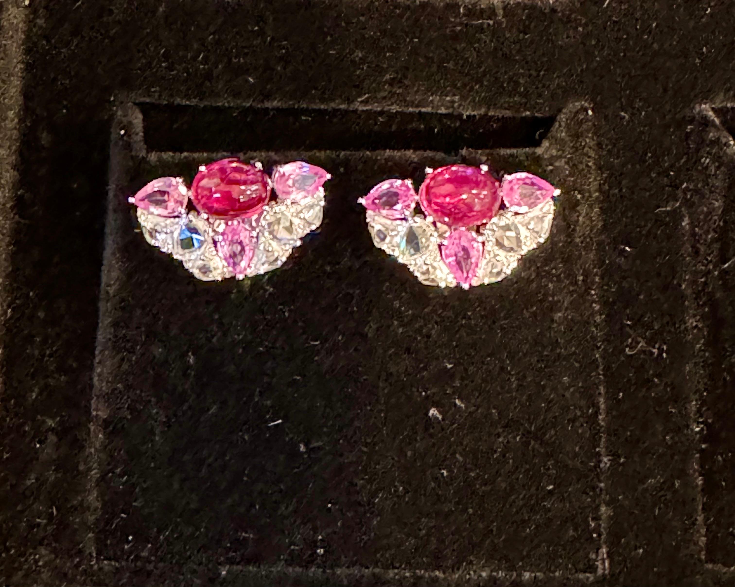 Pink Tourmaline and Pink Sapphire Earrings with Rose Cut Diamonds 18 Karat Gold For Sale 4