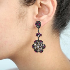 Pink Tourmaline and Polki Diamonds Flower Shaped Earrings in 14k Gold and Silver