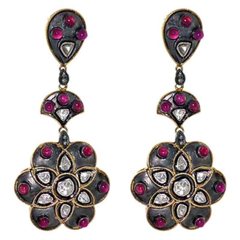 Boucles d'oreilles en forme de fleur en or et argent 14 carats avec tourmaline rose et diamants polki