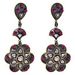 Boucles d'oreilles en forme de fleur en or et argent 14 carats avec tourmaline rose et diamants polki