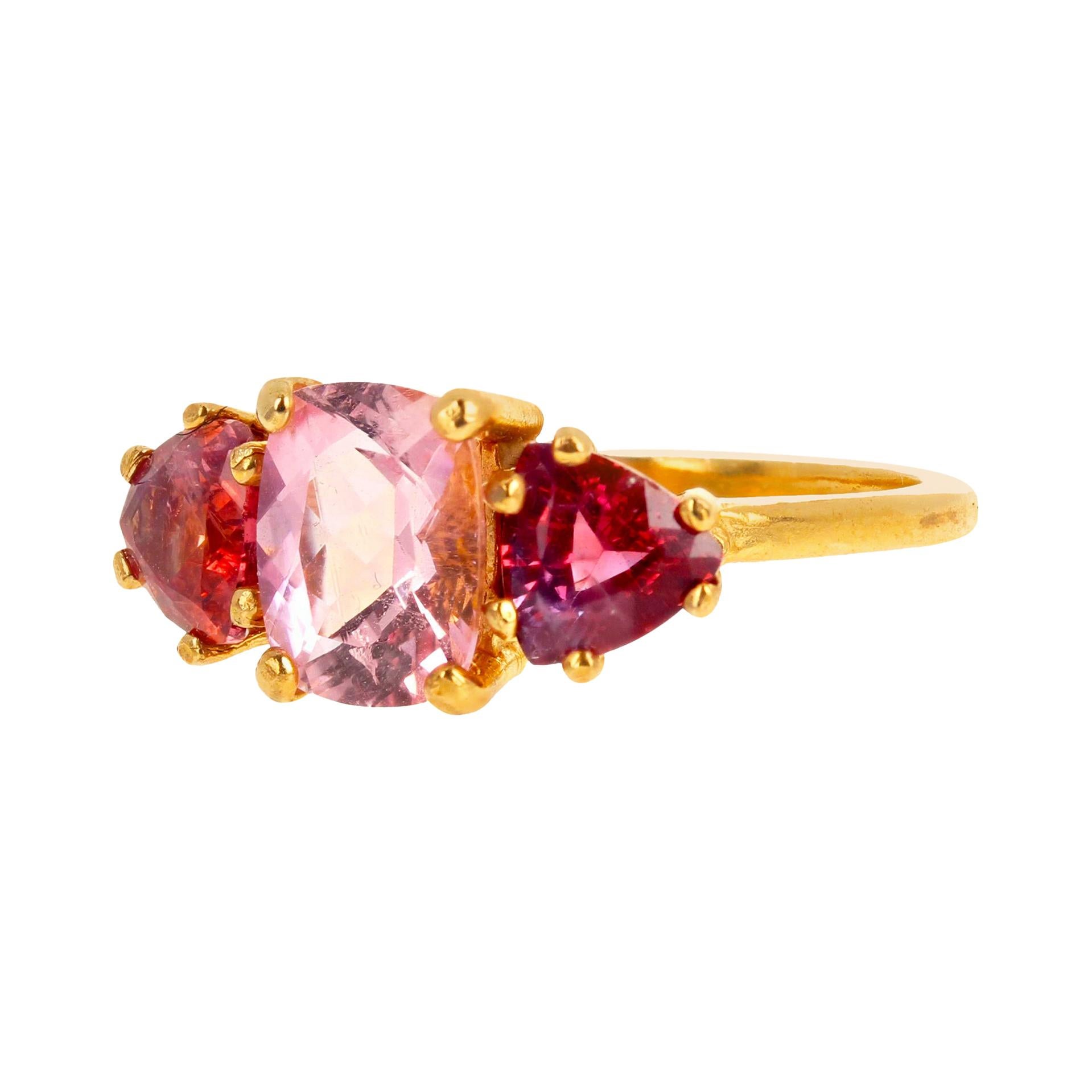 Gemjunky Exotic Three Stone Pink Tourmaline & Red Spinel 14 Kt Yellow Gold Ring