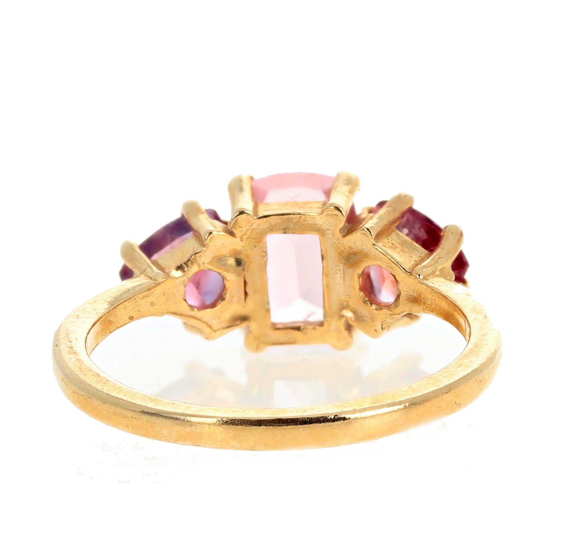 Cushion Cut Gemjunky Exotic Three Stone Pink Tourmaline & Red Spinel 14 Kt Yellow Gold Ring