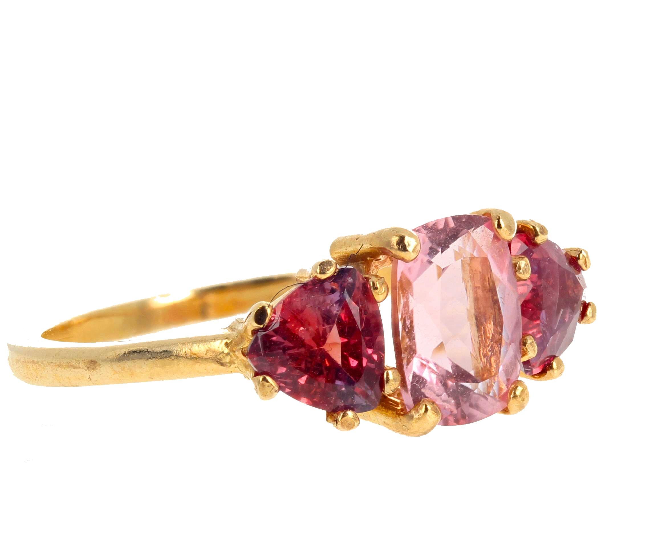 Gemjunky Exotic Three Stone Pink Tourmaline & Red Spinel 14 Kt Yellow Gold Ring In New Condition In Raleigh, NC
