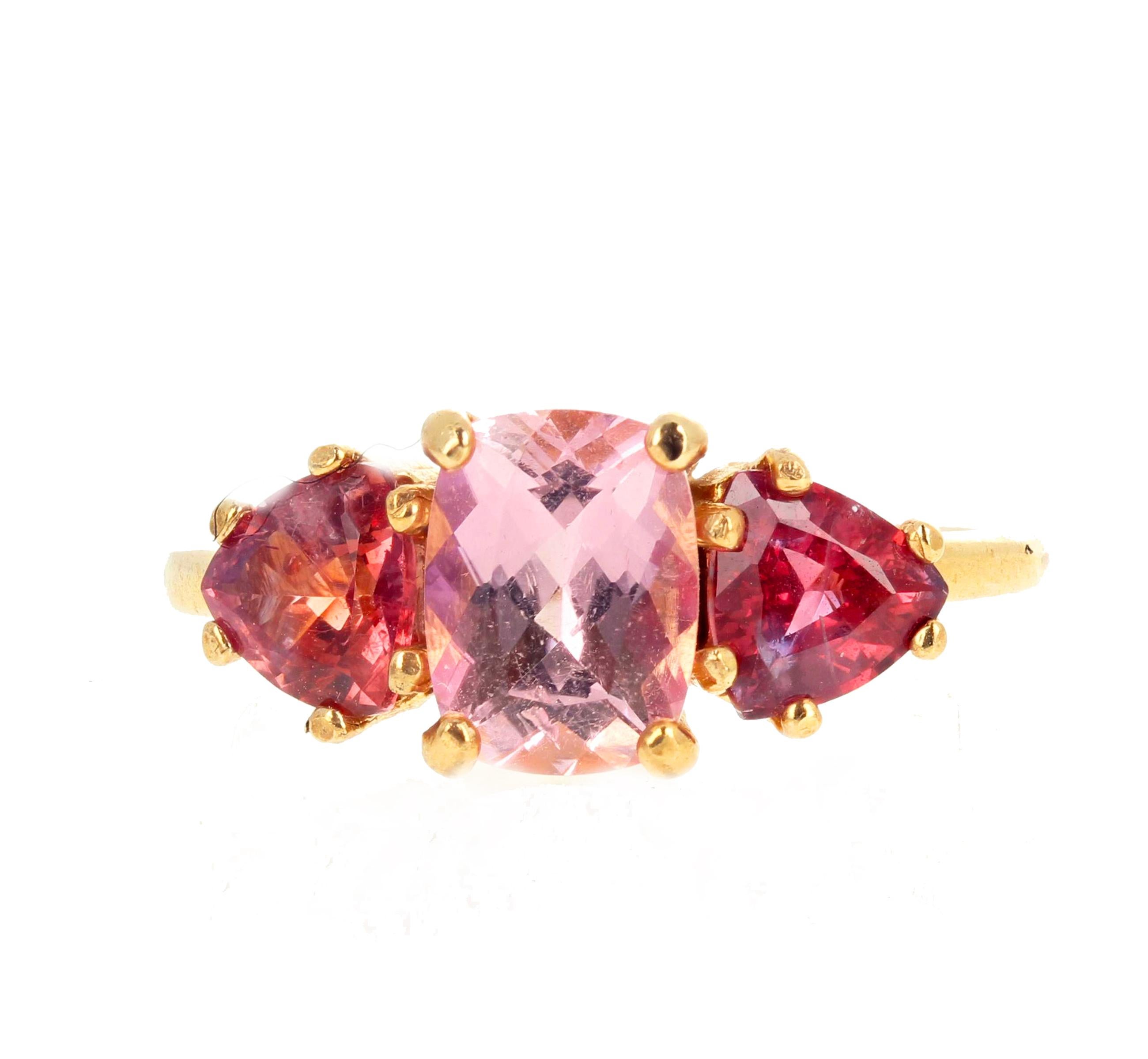 Gemjunky Exotic Three Stone Pink Tourmaline & Red Spinel 14 Kt Yellow Gold Ring 1
