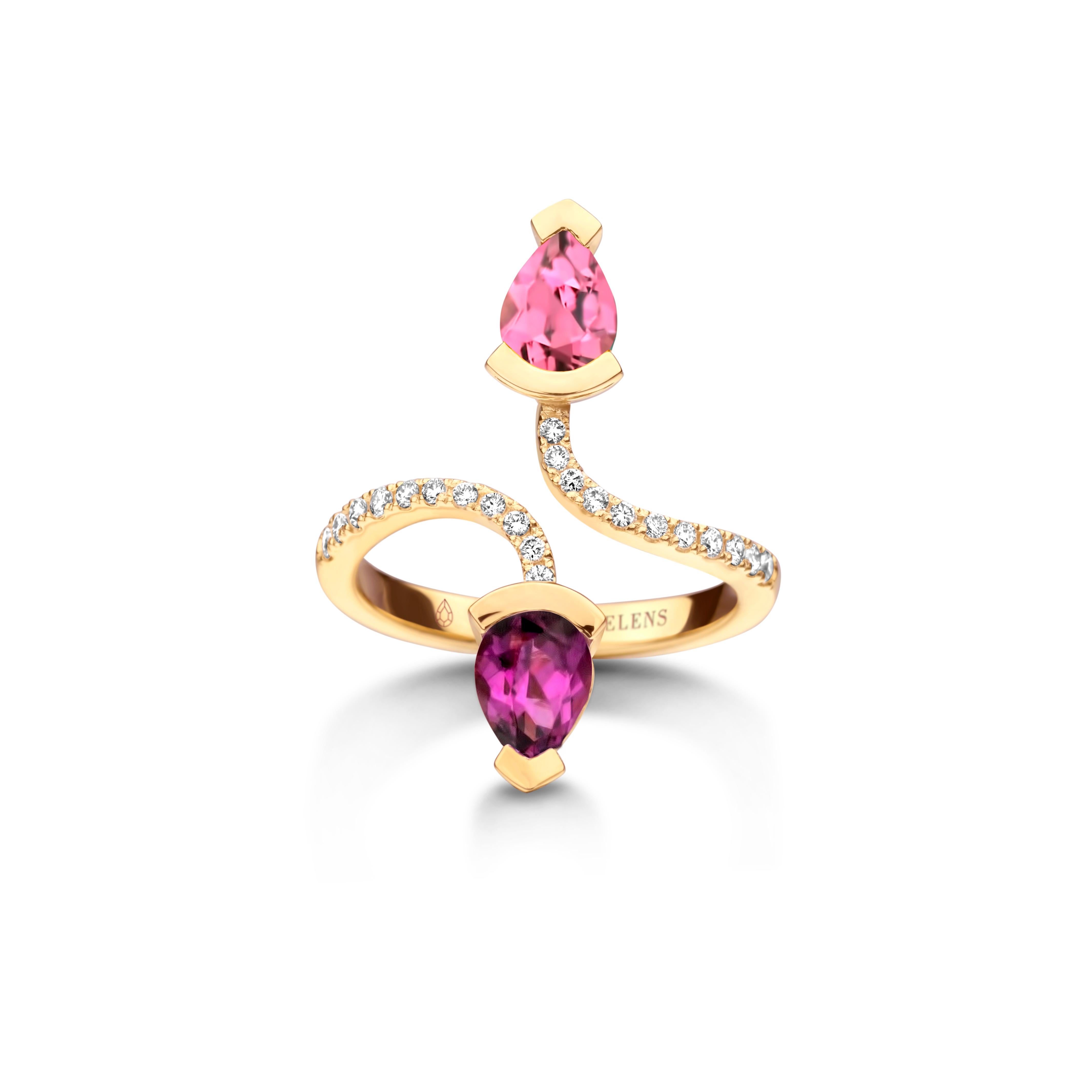 Adeline Duo ring in 18Kt white gold 5g set with a pear-shaped pink tourmaline 0,70 Ct, a pear-shaped royal purple garnet 0,70 Ct and 0,19 Ct of white brilliant cut diamonds - VS F quality. Celine Roelens, a goldsmith and gemologist, is specialized