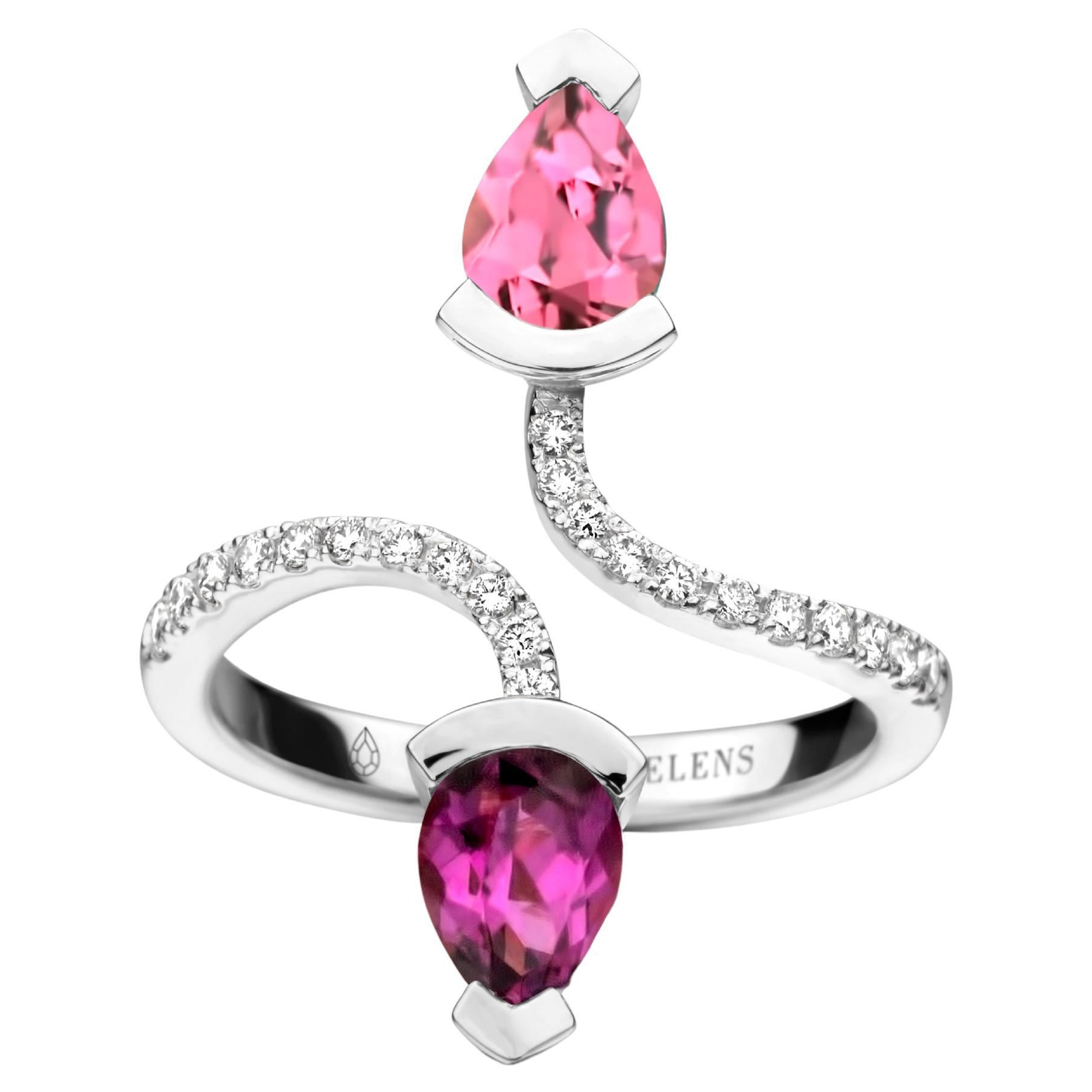 Pink Tourmaline And Royal Purple Garnet White Gold Diamond Cocktail Ring For Sale