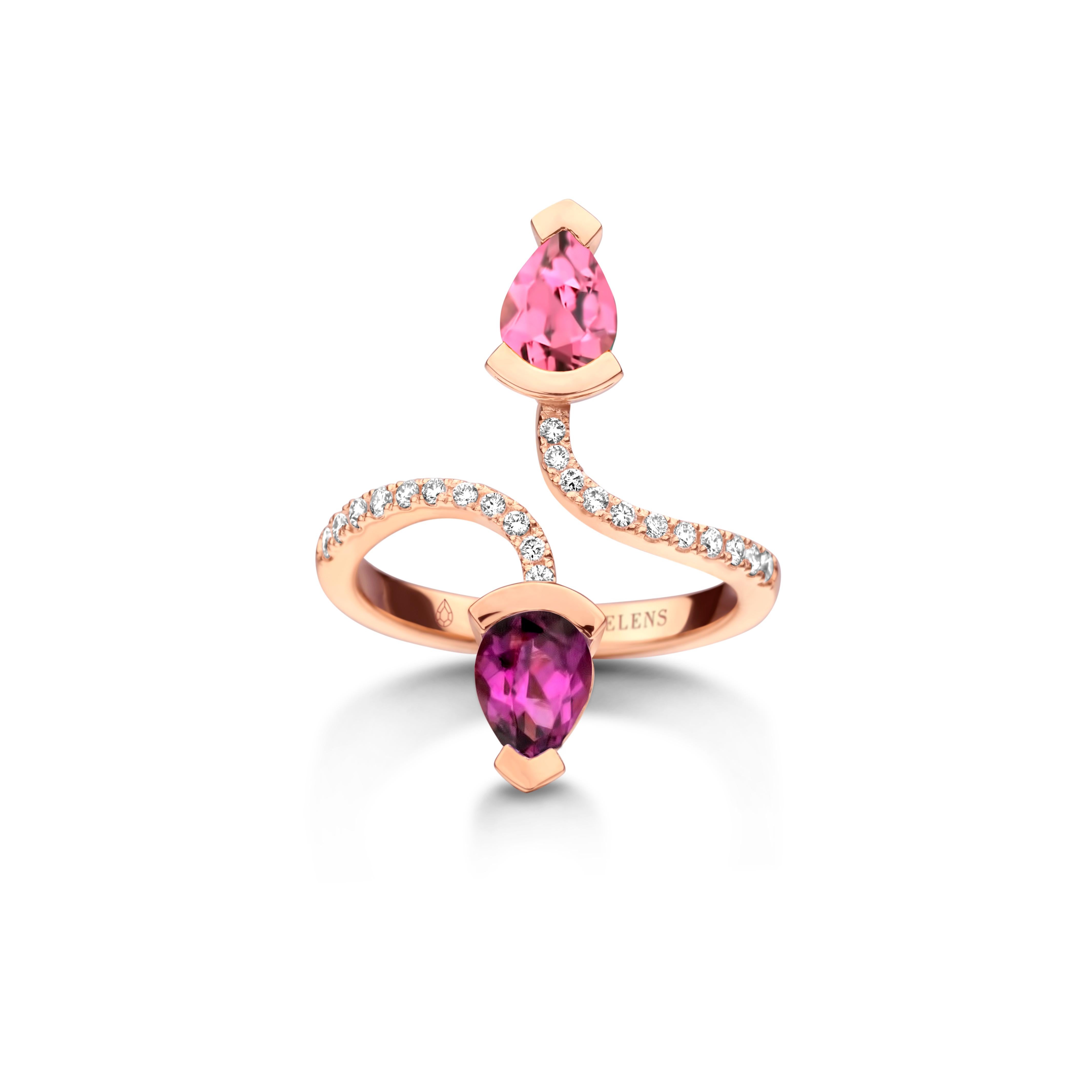 Adeline Duo ring in 18Kt yellow gold 5g set with a pear-shaped pink tourmaline 0,70 Ct, a pear-shaped royal purple garnet 0,70 Ct and 0,19 Ct of white brilliant cut diamonds - VS F quality. Celine Roelens, a goldsmith and gemologist, is specialized
