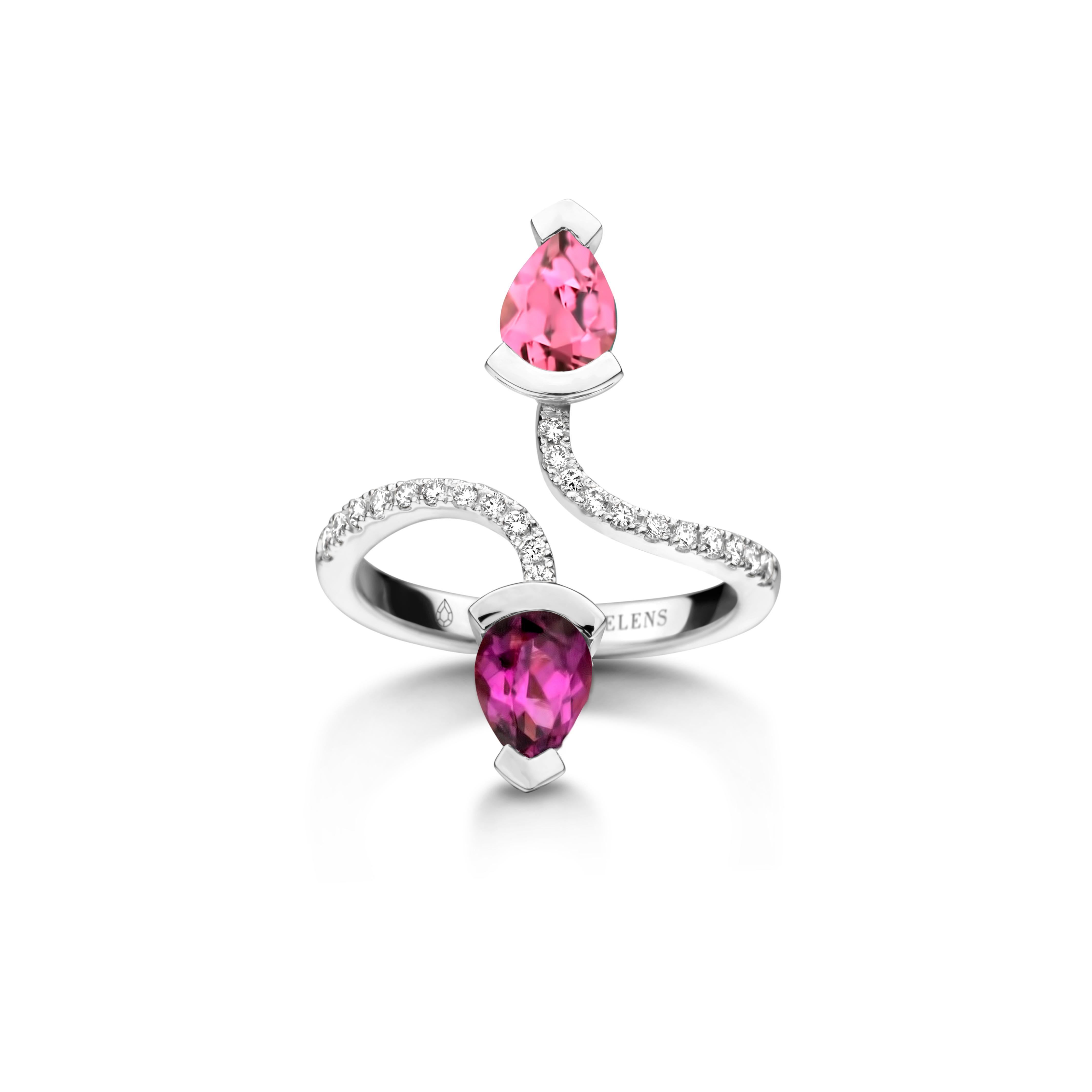 Contemporary Pink Tourmaline And Royal Purple Garnet Yellow Gold Diamond Cocktail Ring For Sale