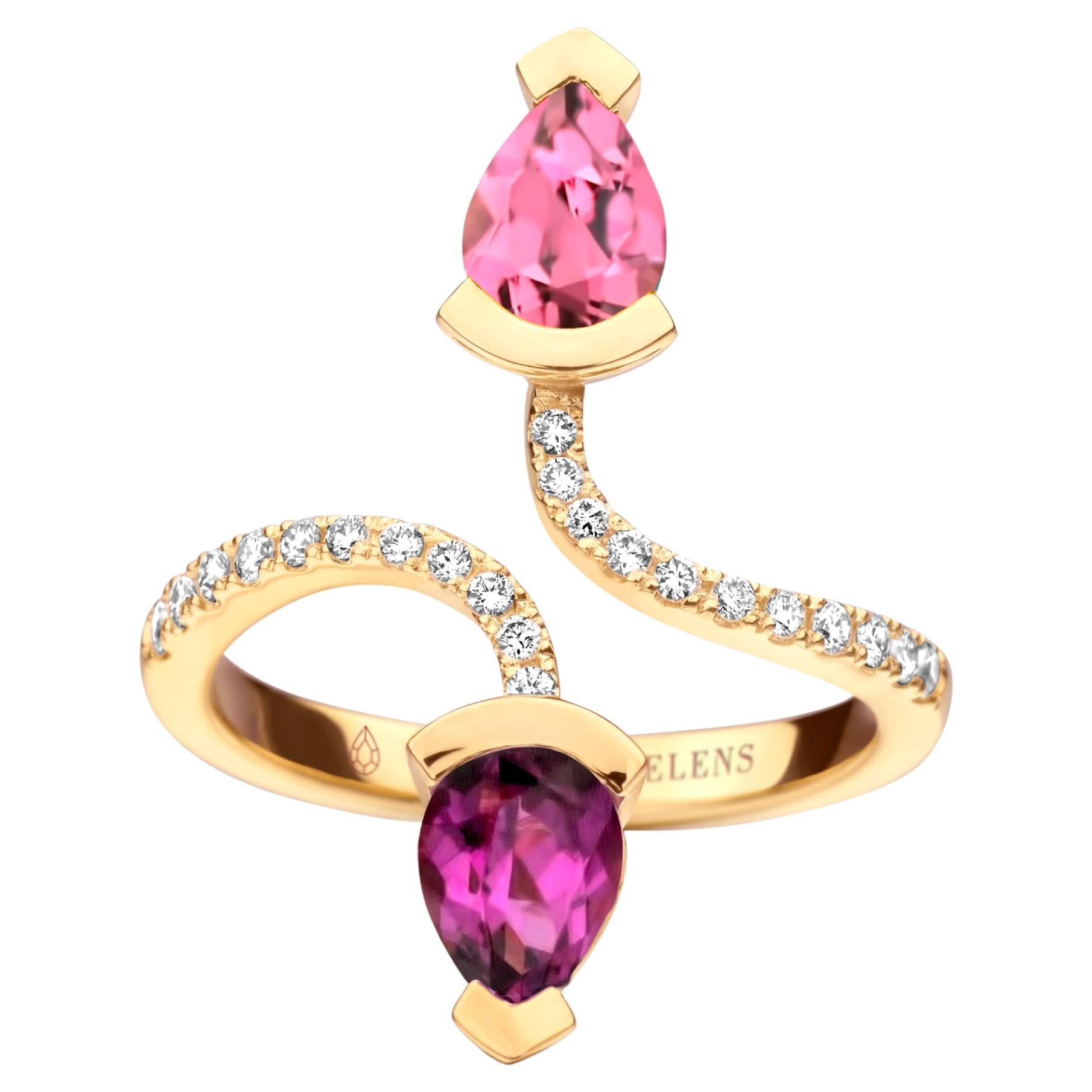Pink Tourmaline And Royal Purple Garnet Yellow Gold Diamond Cocktail Ring For Sale