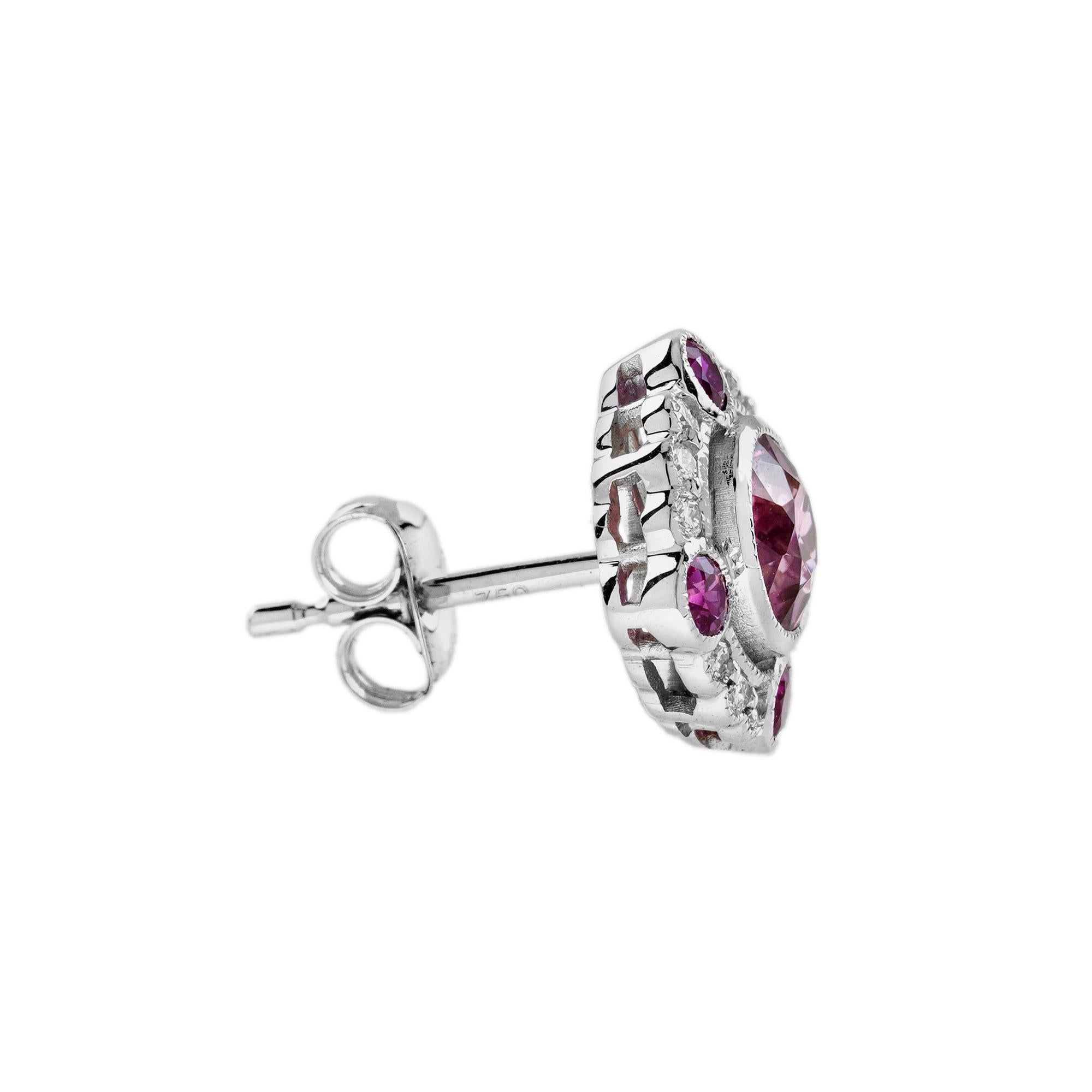 Pink Tourmaline and Ruby Art Deco Style Stud Earrings in 18K White Gold For Sale 1