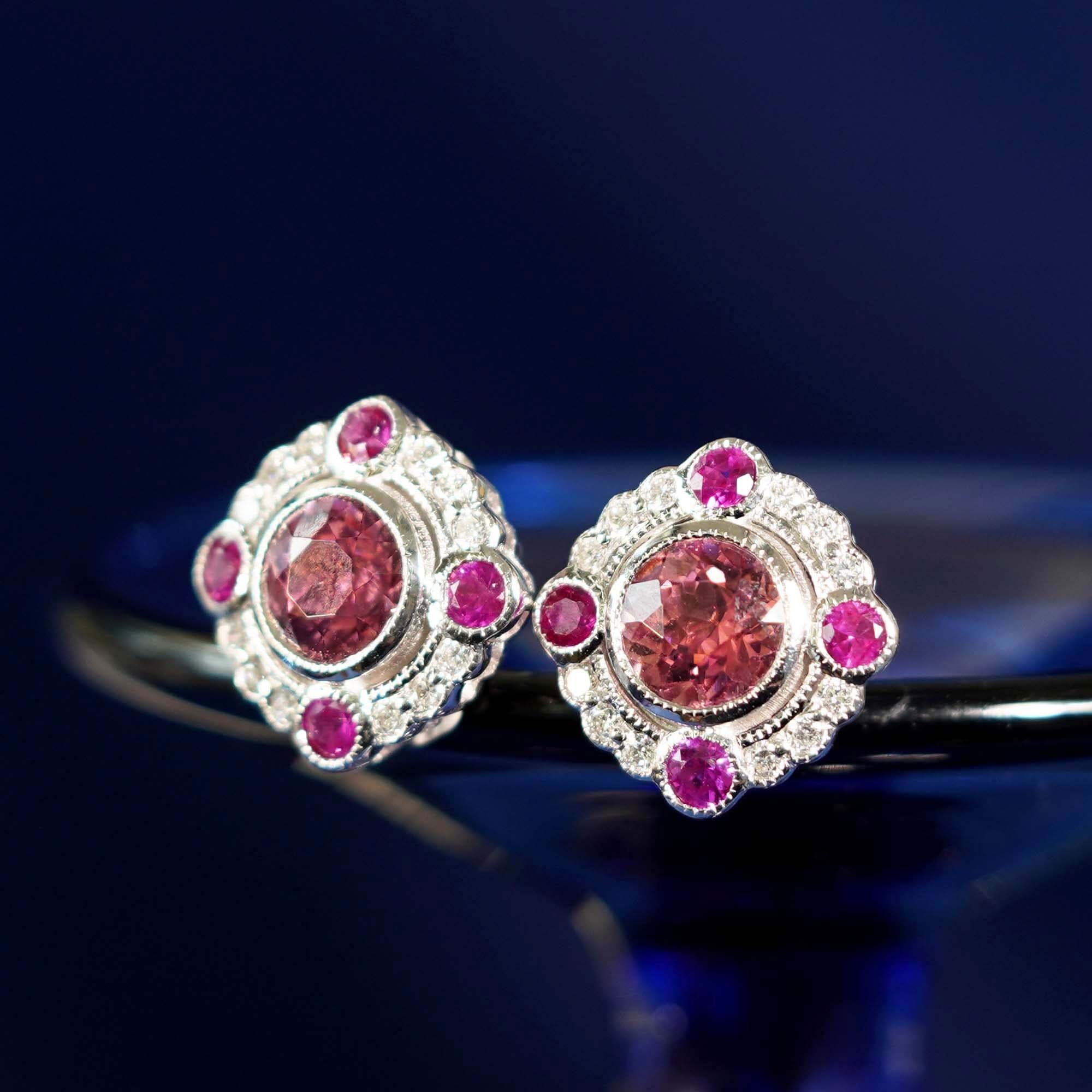 Round Cut Pink Tourmaline and Ruby Art Deco Style Stud Earrings in 18K White Gold For Sale