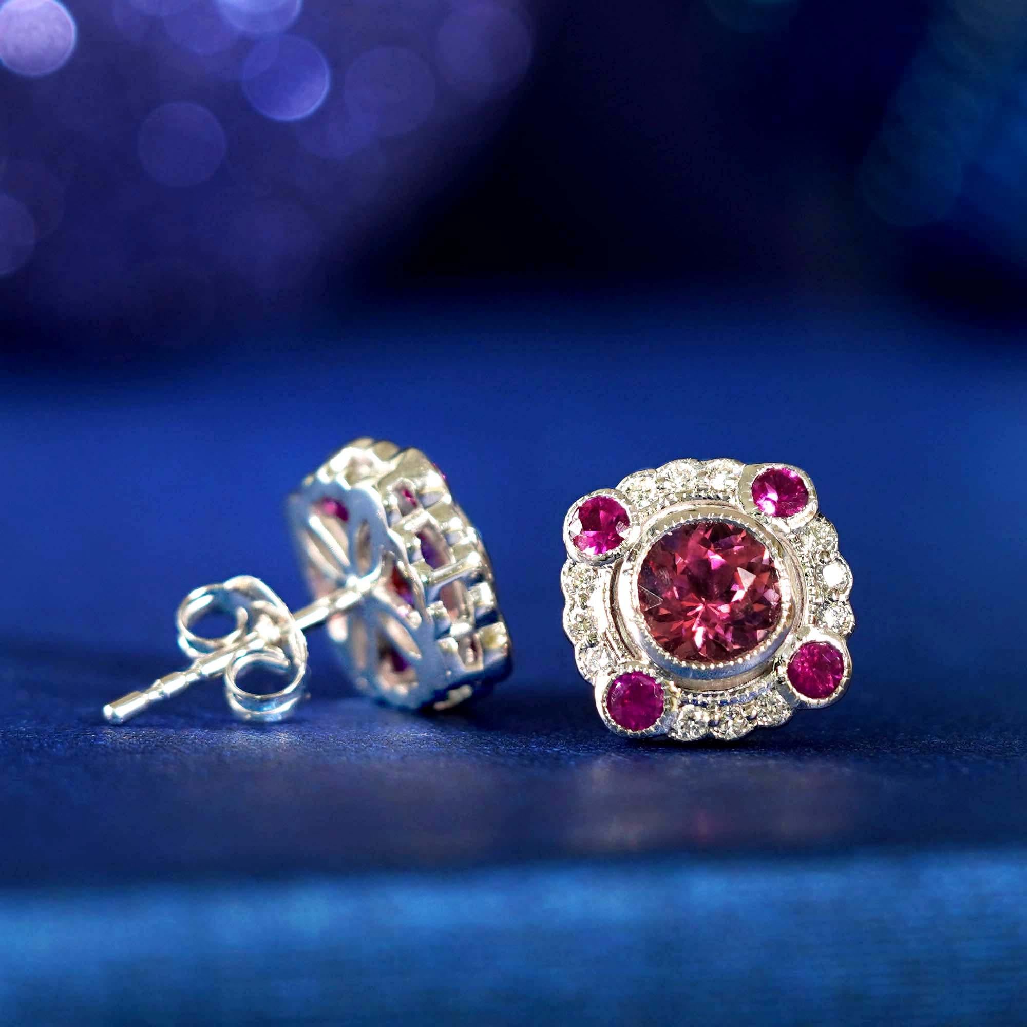 Pink Tourmaline and Ruby Art Deco Style Stud Earrings in 18K White Gold In New Condition For Sale In Bangkok, TH