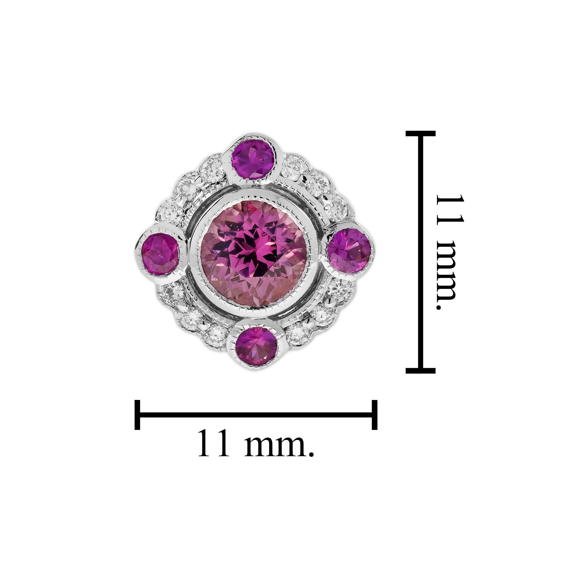 Pink Tourmaline and Ruby Art Deco Style Stud Earrings in 18K White Gold For Sale 3