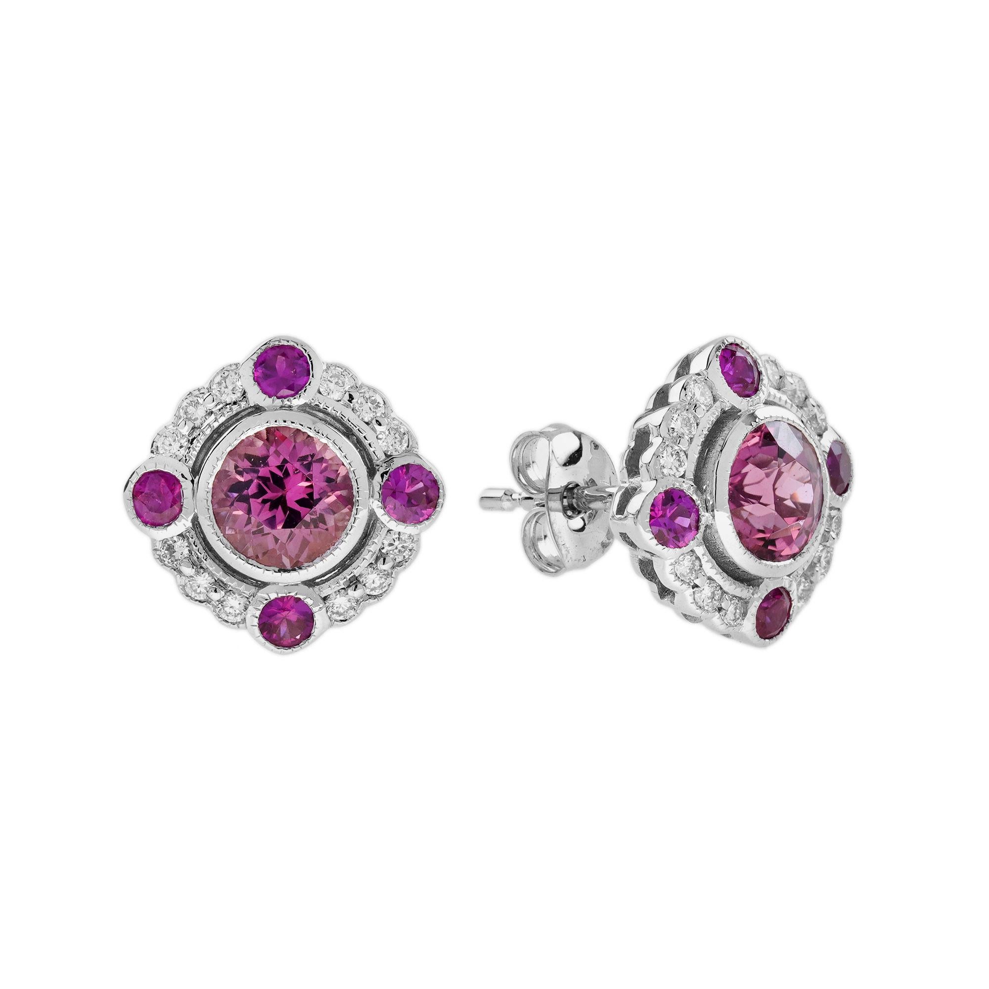 Pink Tourmaline and Ruby Art Deco Style Stud Earrings in 18K White Gold For Sale