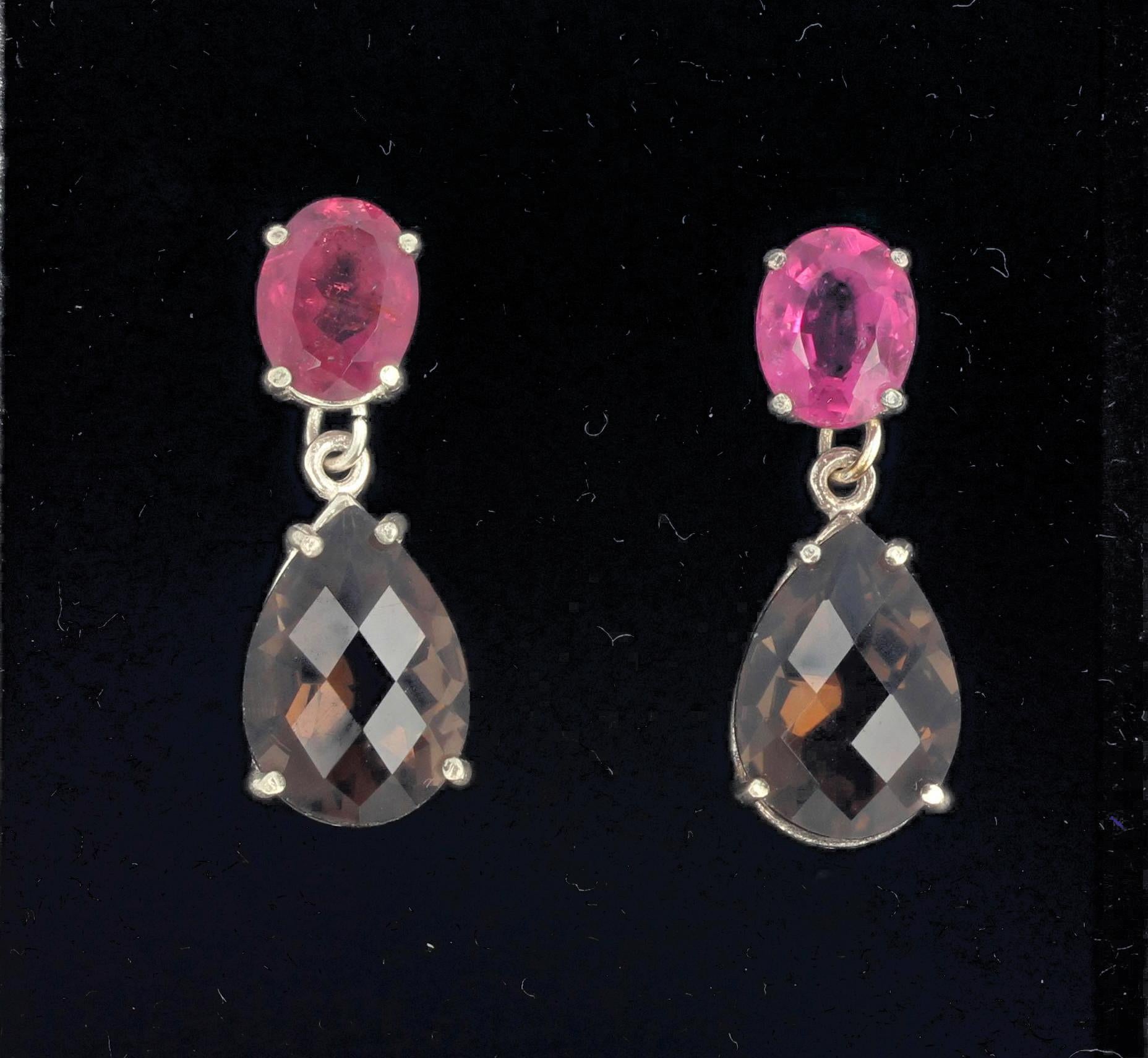 Pink Tourmaline and Smoky Quartz Sterling Silver Earrings In New Condition In Raleigh, NC