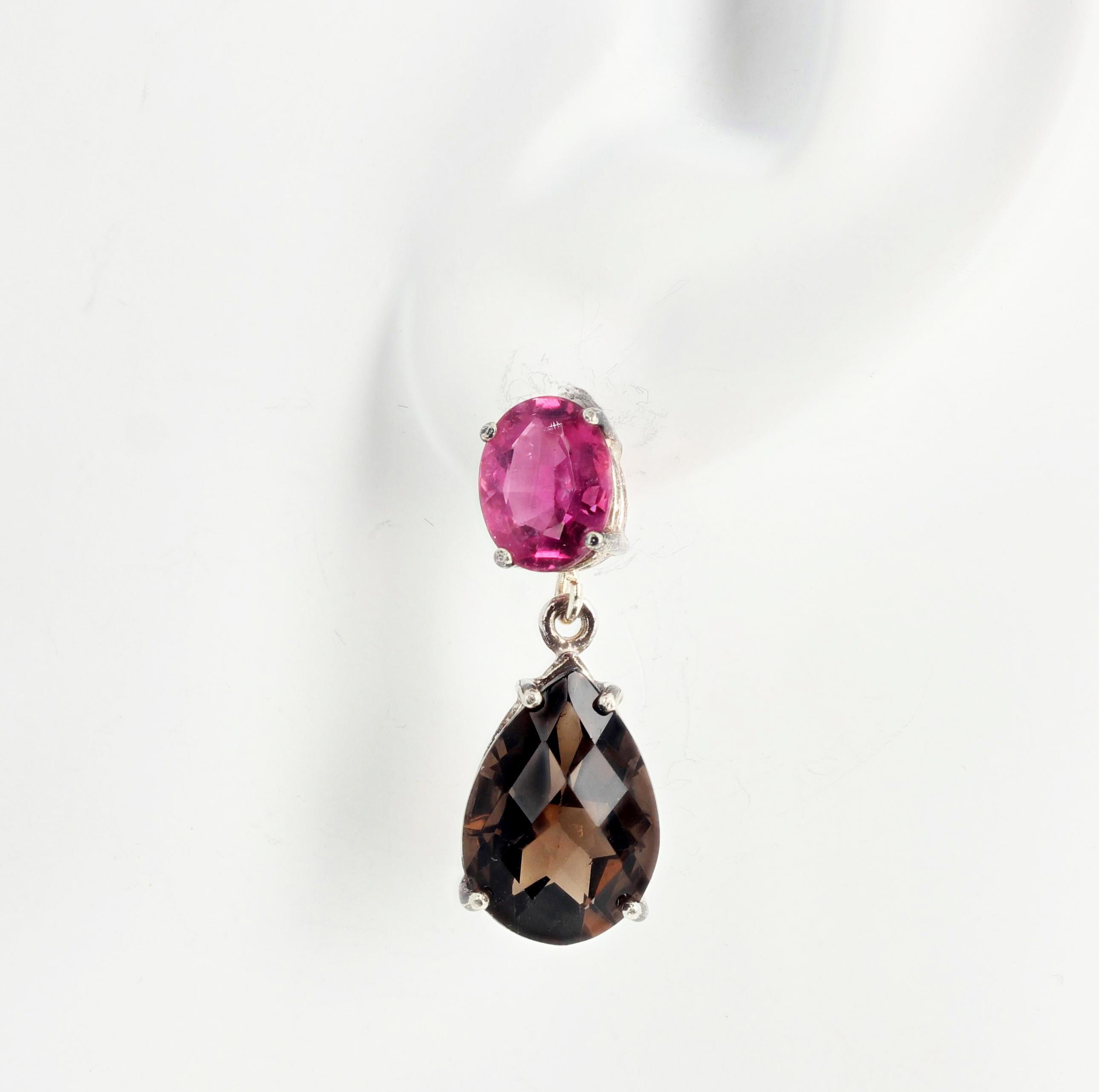 Women's Pink Tourmaline and Smoky Quartz Sterling Silver Earrings