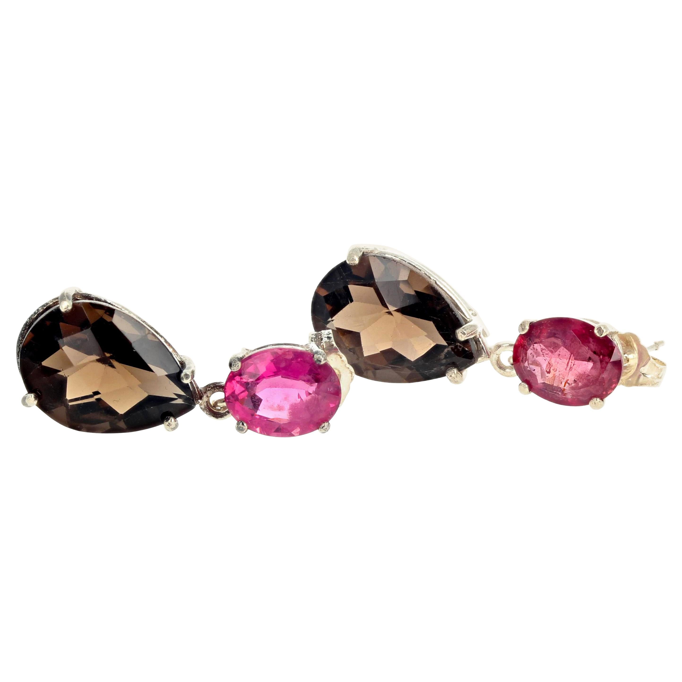Pink Tourmaline and Smoky Quartz Sterling Silver Earrings