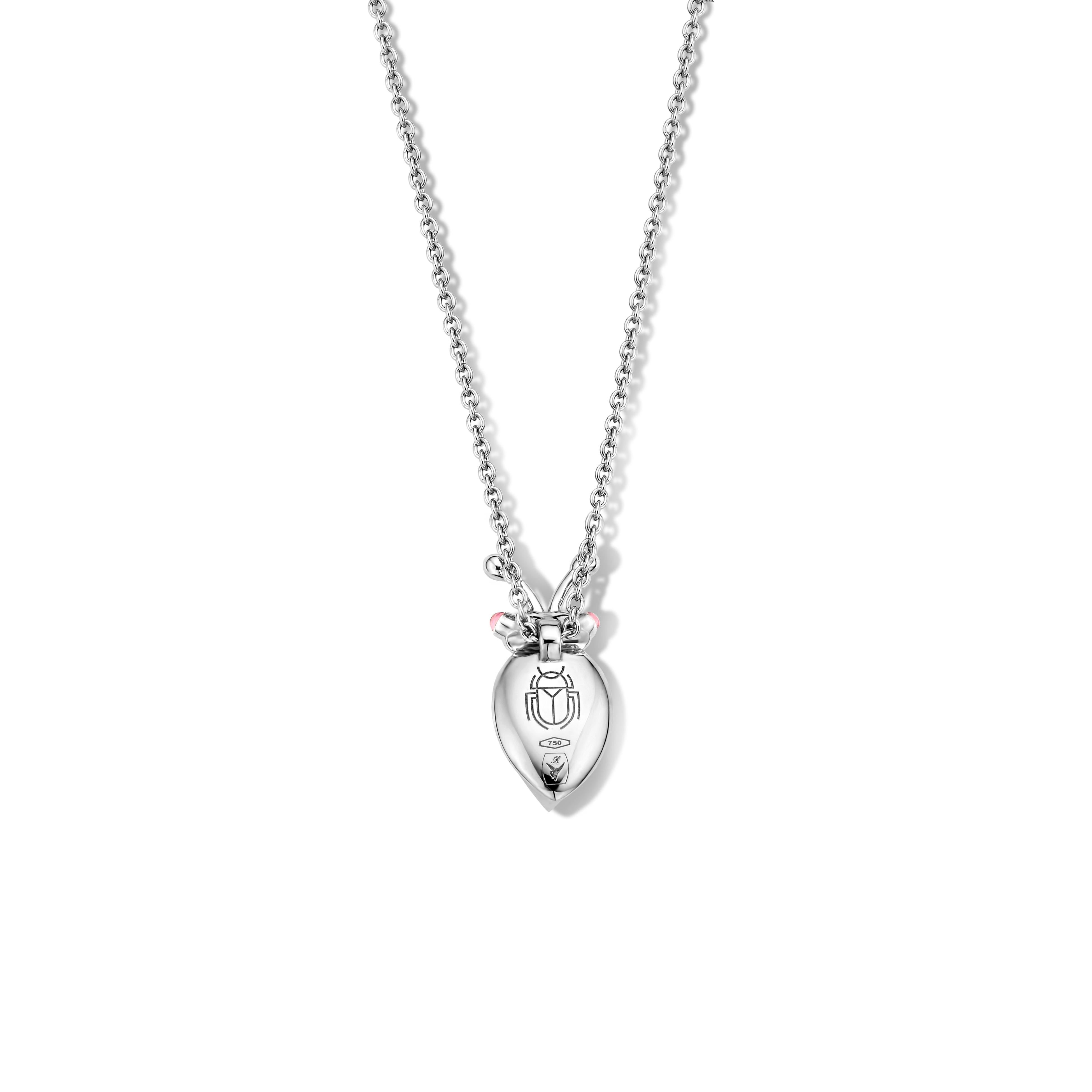 One-of-a-kind lucky beetle necklace in 18K white gold 6g created by jewelry designer Celine Roelens. This necklace is set with the finest diamonds in brilliant cut 0,04Ct (VVS/DEF quality) and one natural, pink tourmaline in pear cabochon cut. The