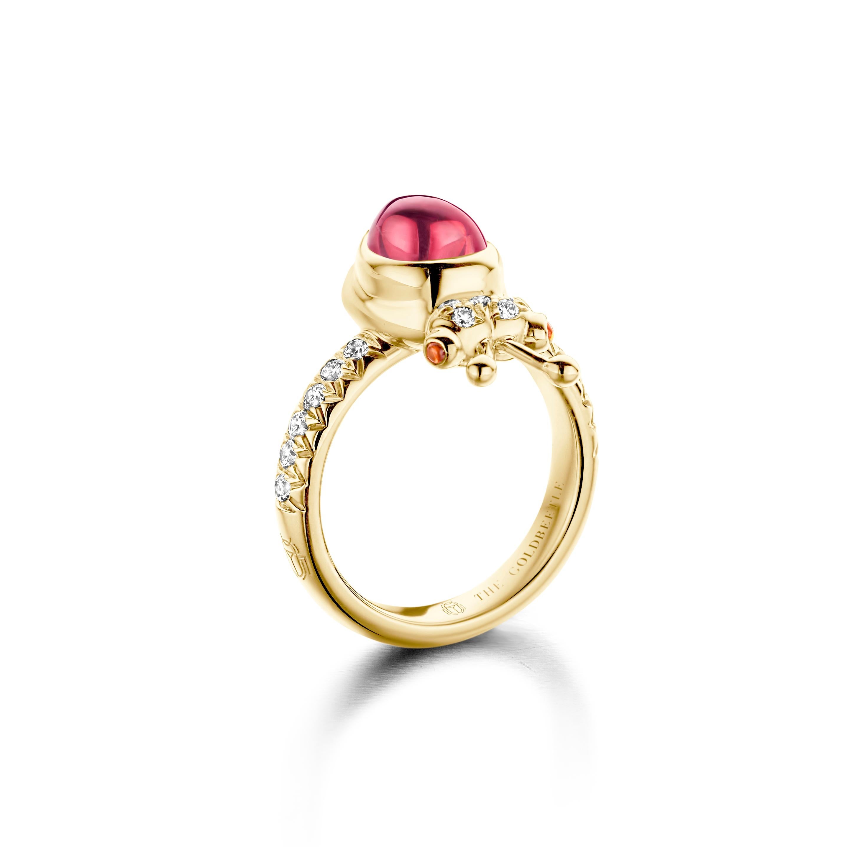 One-of-a-kind lucky beetle ring in 18-Karat yellow gold 8,6 g set with the finest diamonds in brilliant cut 0,34 Carat (VVS/DEF quality) one natural, pink tourmaline in pear cabochon cut and two green tsavorites in round cabochon cut.

Celine