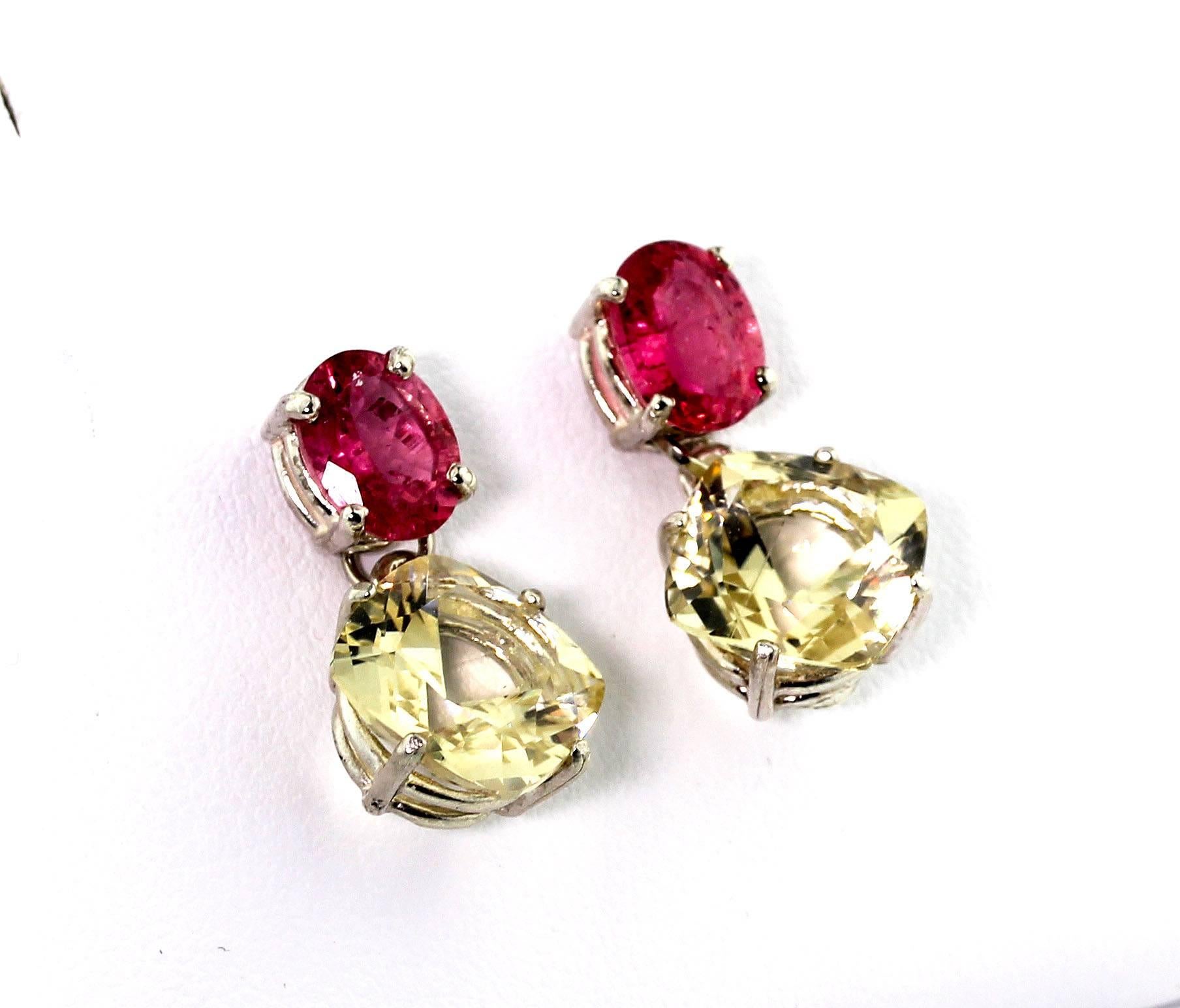 AJD Exquisite Pink Tourmaline & Brilliant Yellow Labradorite Silver Drop Earring For Sale 2