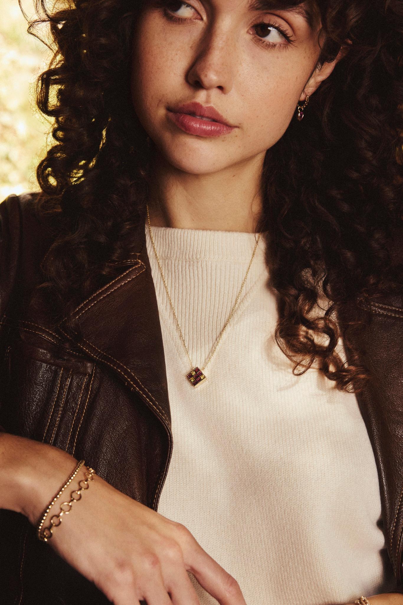 Collar Cuadrados Turmalina Rosa y Zafiro Amarillo Artesano en venta