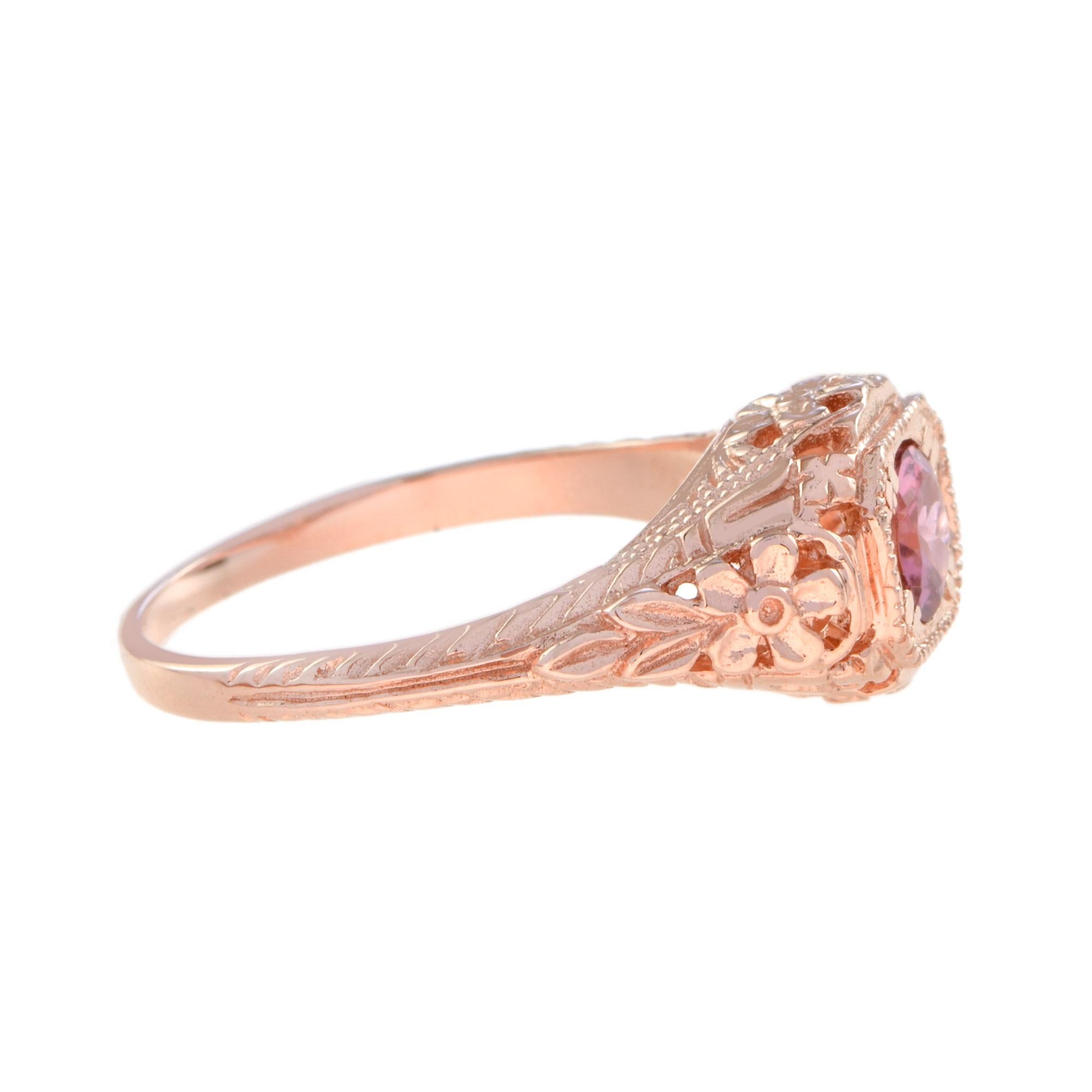 Round Cut Pink Tourmaline Art Deco Style Filigree Engagement Ring in 14K Rose Gold For Sale