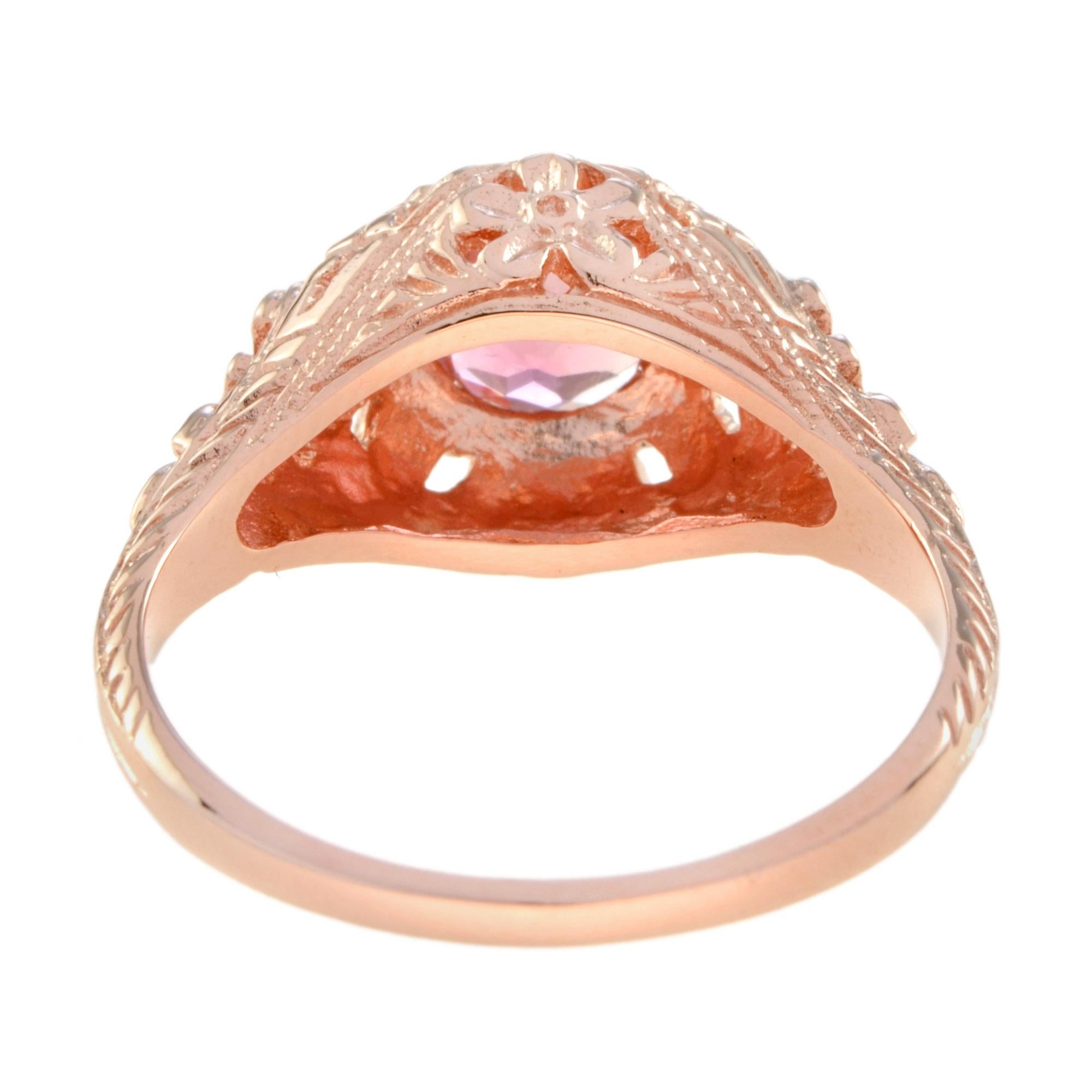 Pink Tourmaline Art Deco Style Filigree Engagement Ring in 14K Rose Gold In New Condition For Sale In Bangkok, TH