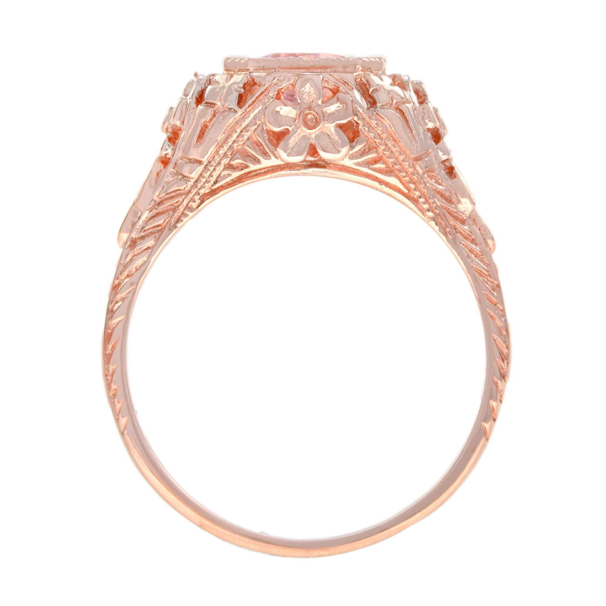Women's Pink Tourmaline Art Deco Style Filigree Engagement Ring in 14K Rose Gold For Sale