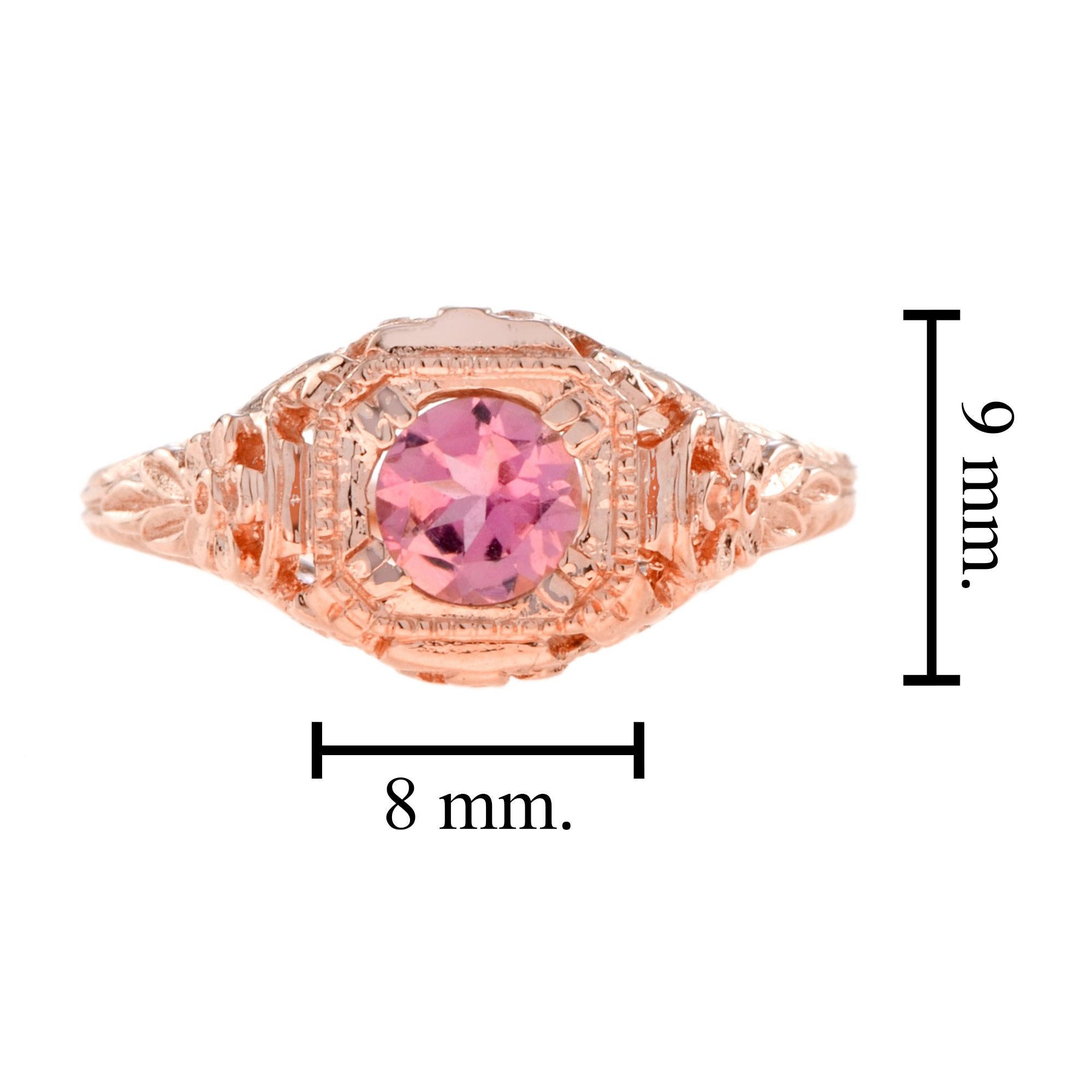 Pink Tourmaline Art Deco Style Filigree Engagement Ring in 14K Rose Gold For Sale 1