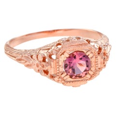 Filigraner Verlobungsring aus 14 Karat Roségold mit rosa Turmalin im Art-déco-Stil