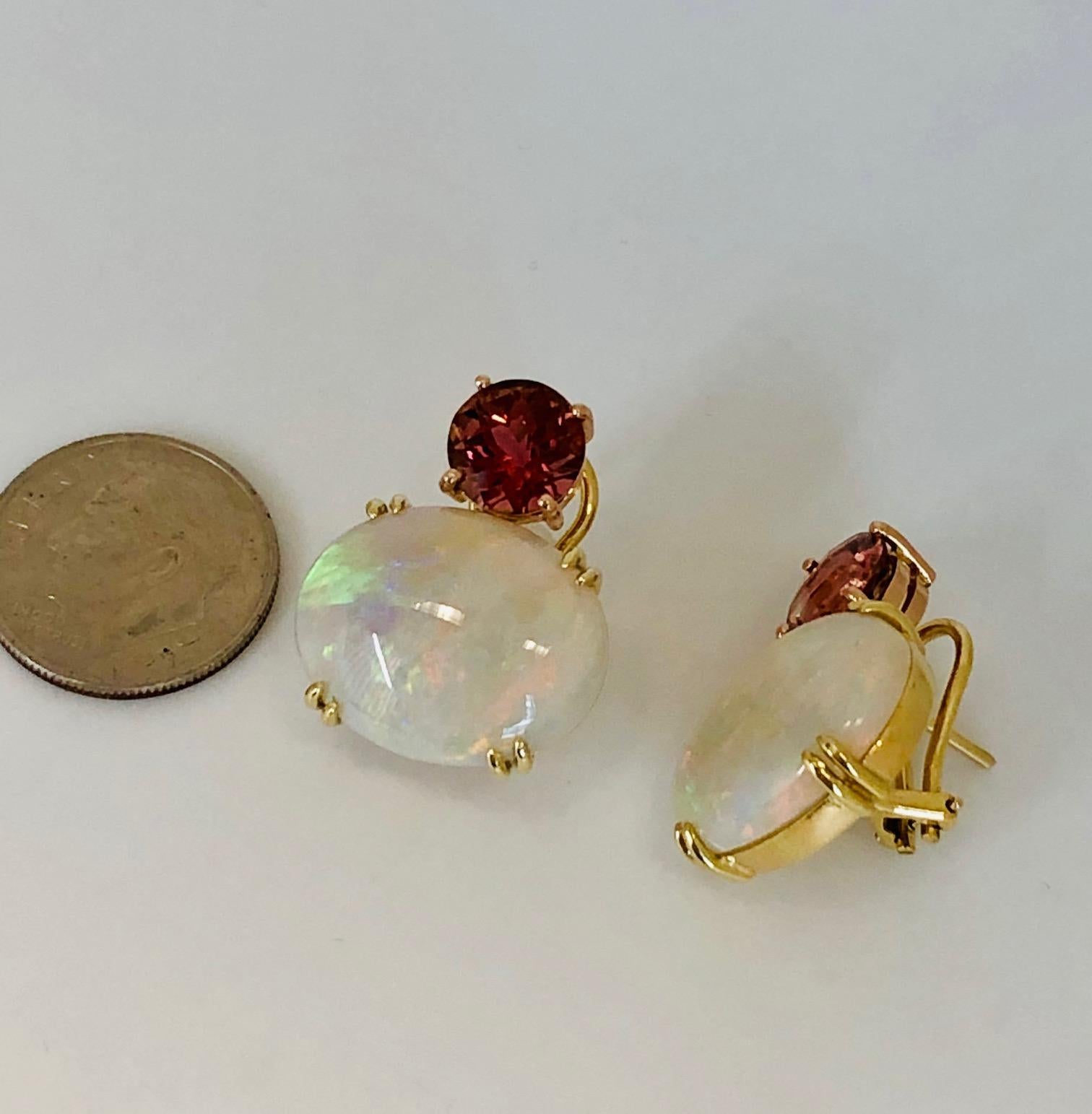 Artisan Pink Tourmaline & Australian Opal 18k Yellow and Rose Gold French Clip Earrings