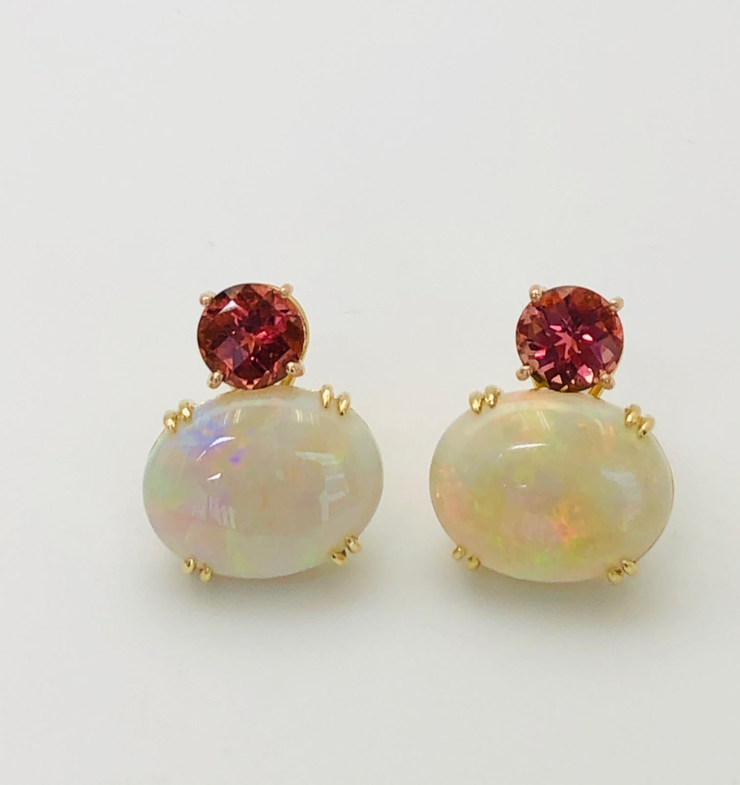 Oval Cut Pink Tourmaline & Australian Opal 18k Yellow and Rose Gold French Clip Earrings