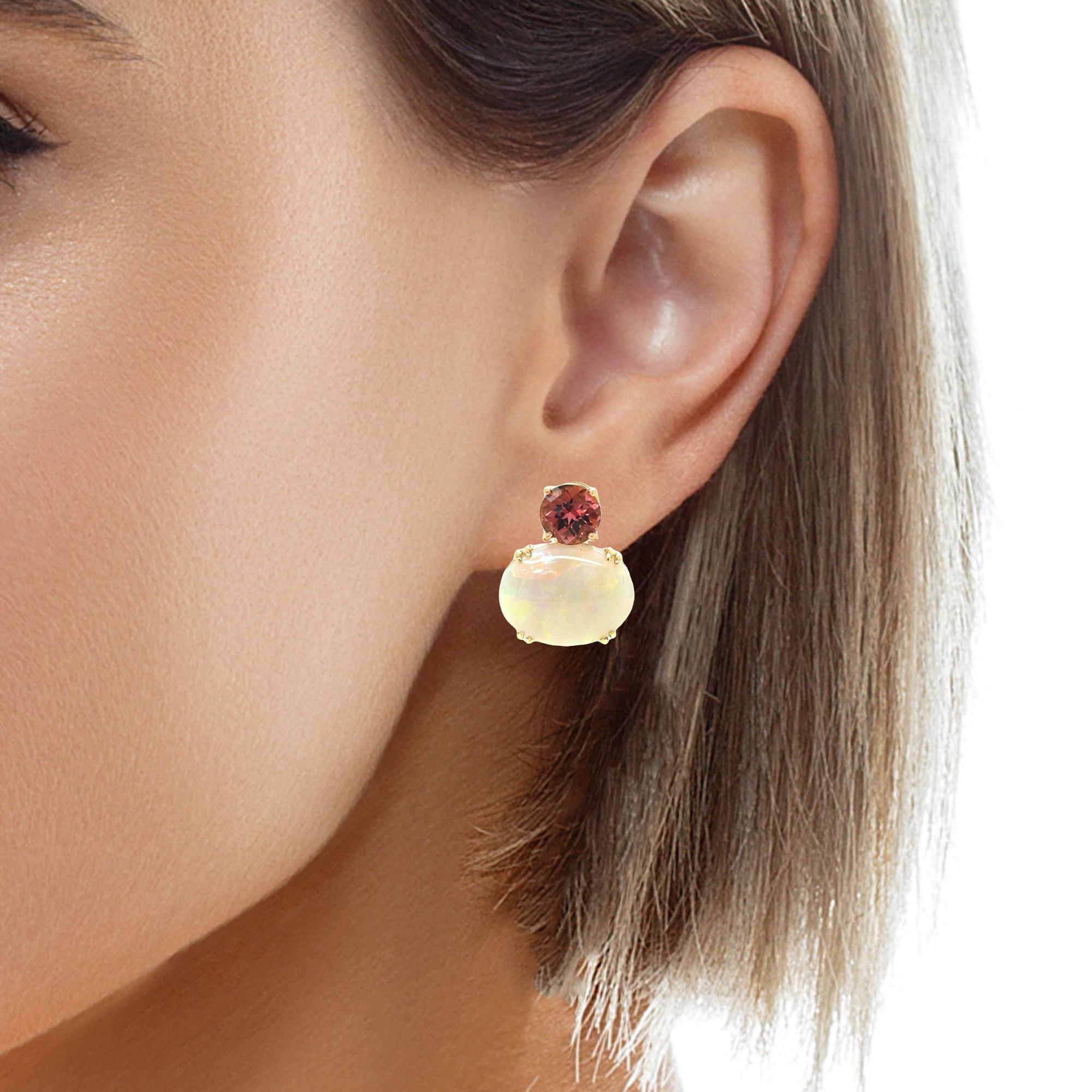 Pink Tourmaline & Australian Opal 18k Yellow and Rose Gold French Clip Earrings In New Condition In Los Angeles, CA