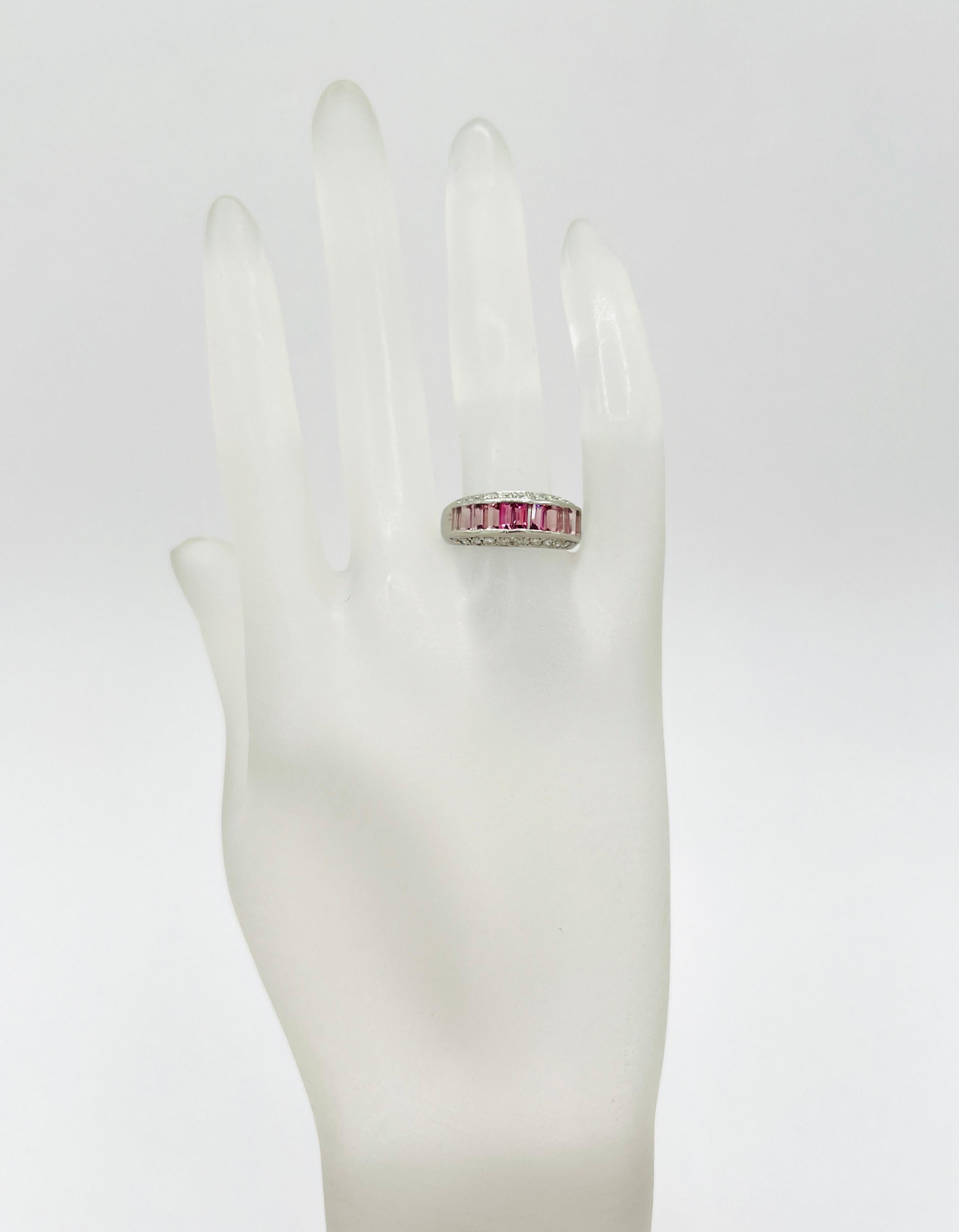 Baguette Cut Pink Tourmaline Baguette and White Diamond Round Ring in Platinum