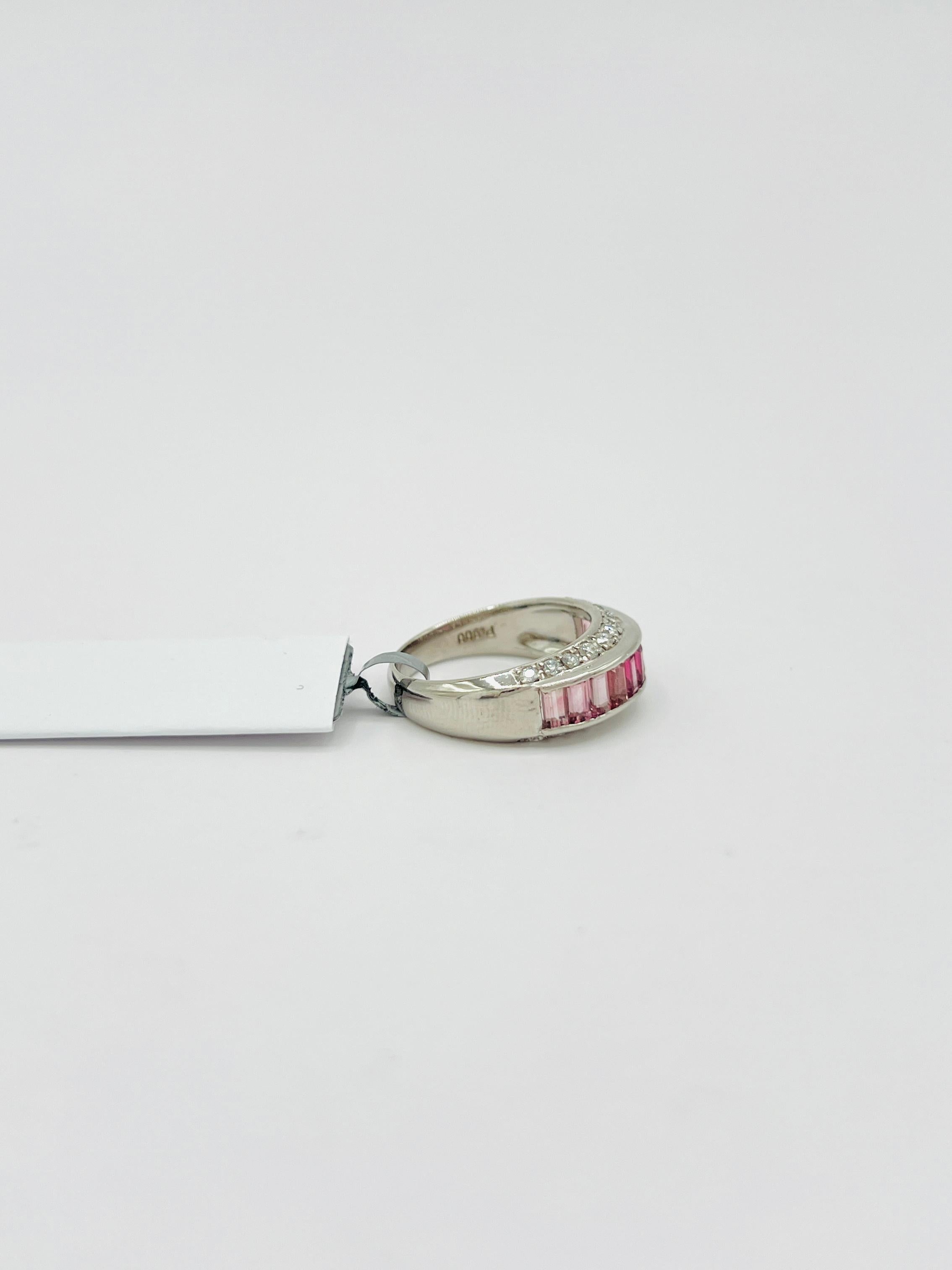 Pink Tourmaline Baguette and White Diamond Round Ring in Platinum In New Condition In Los Angeles, CA