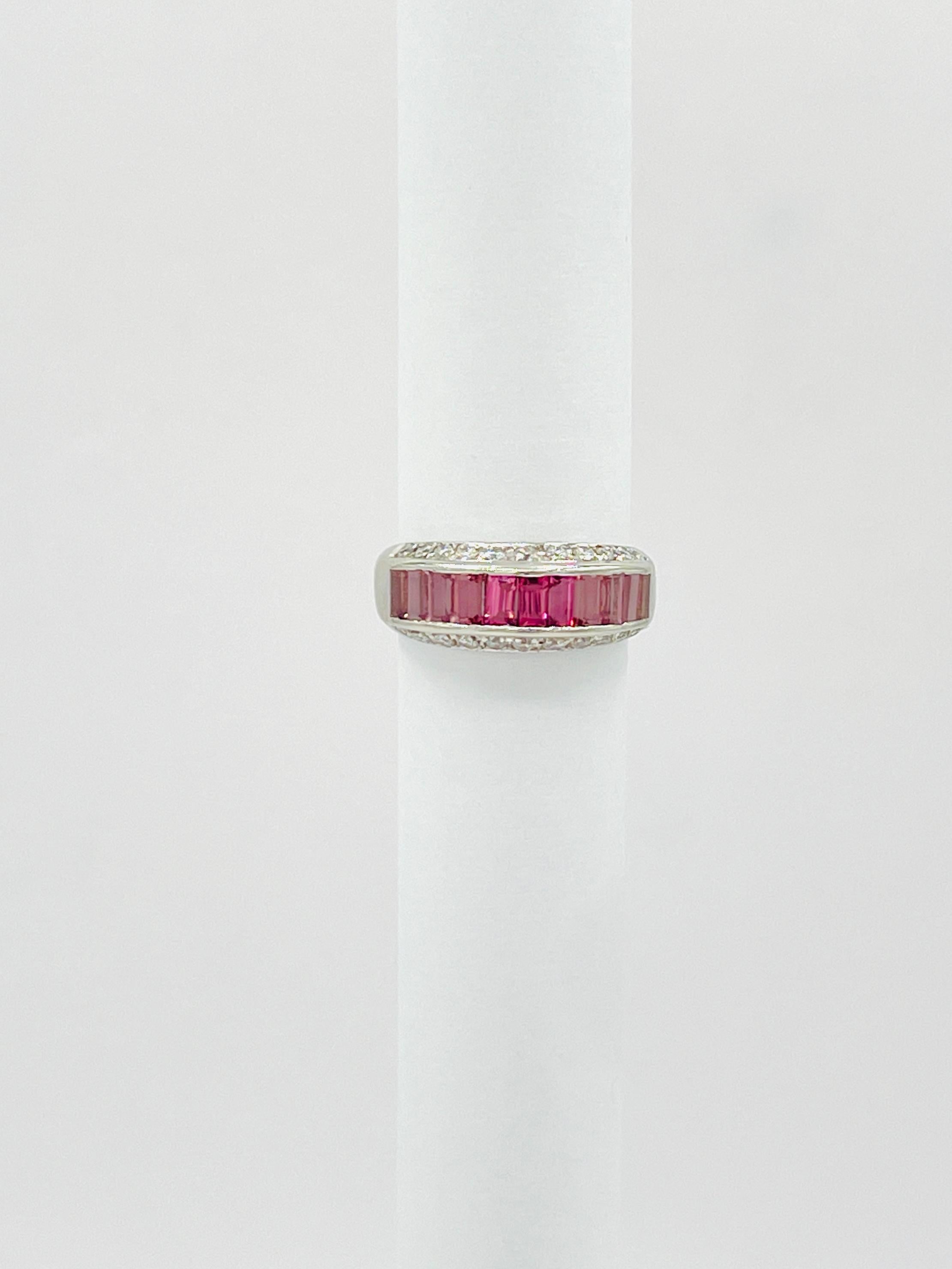 Women's or Men's Pink Tourmaline Baguette and White Diamond Round Ring in Platinum